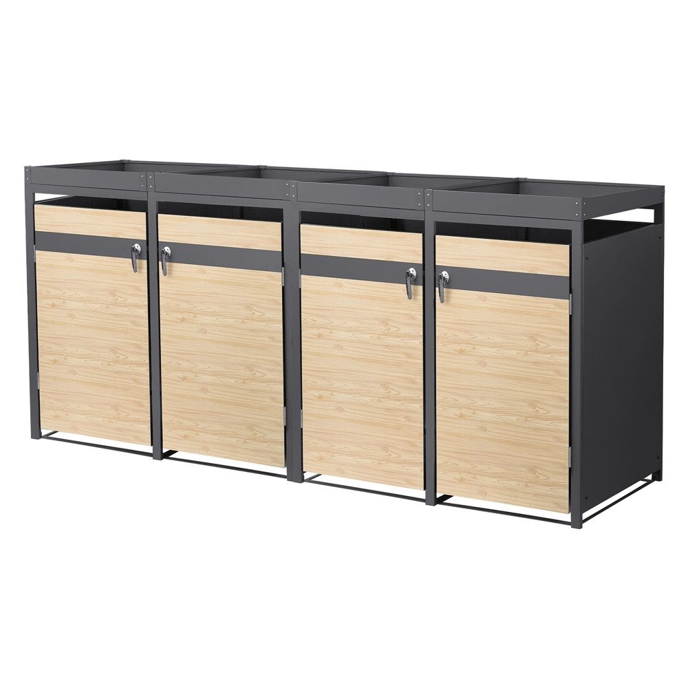 ML-DESIGN Mülltonnenbox Müllbox aus Stahl wetterfeste Mülltonnen Verkleidung Mülltonnengarage, für 4 Tonne 240L 268x80x124cm Anthrazit, Lärchenoptik mit Pflanzdach