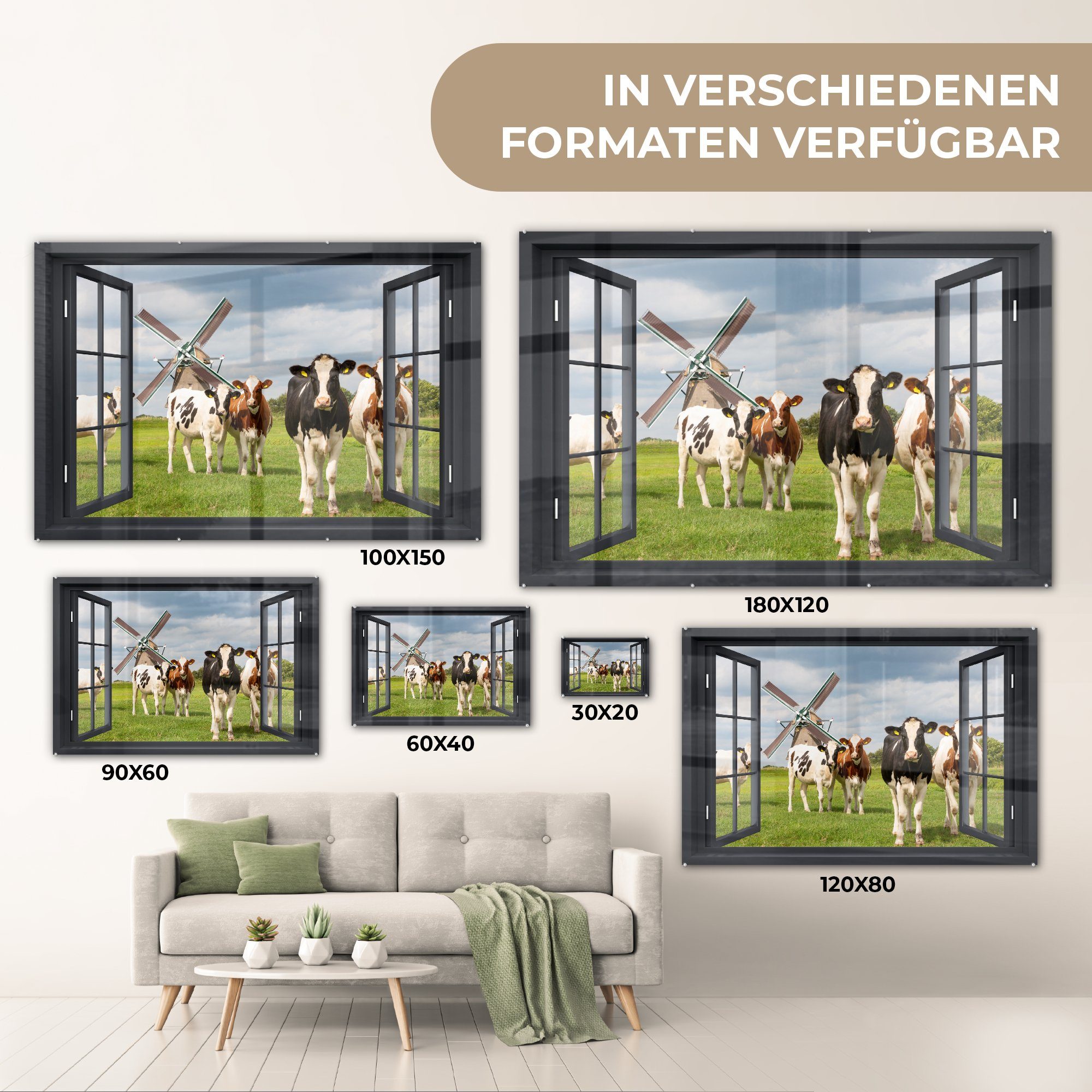 Wiese Wandbild - - Kühe - Glas Wanddekoration auf bunt auf Bilder - (1 - Grün, Mühle Glasbilder - - Aussicht - Glas St), Kuh Gras Foto MuchoWow - Acrylglasbild