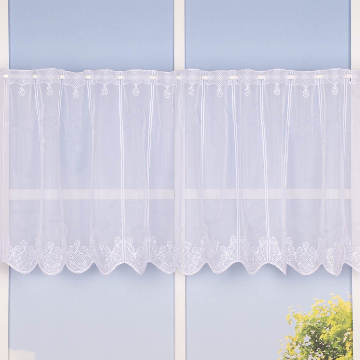 SCHÖNER LEBEN. Meterware Scheibengardine Meterware Voile Stickerei Ornamente nähfrei weiß 45cm, leicht perforiert, Polyester, bestickt