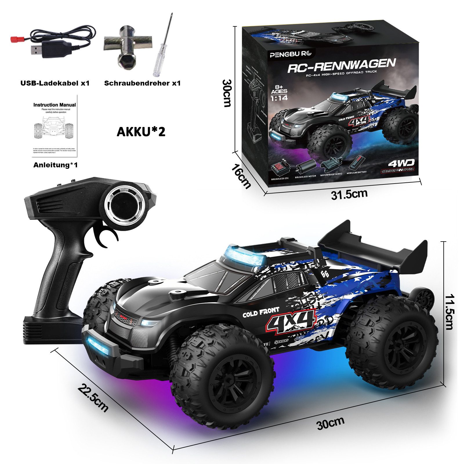 Esun RC-Auto 1:14 Ferngesteuertes Auto Erwachsene, 30 KM/H RC 4WD Offroad (Set, Komplettset), RC Car mit LED, RC buggy Spielzeug ab 8 9 10 jahre