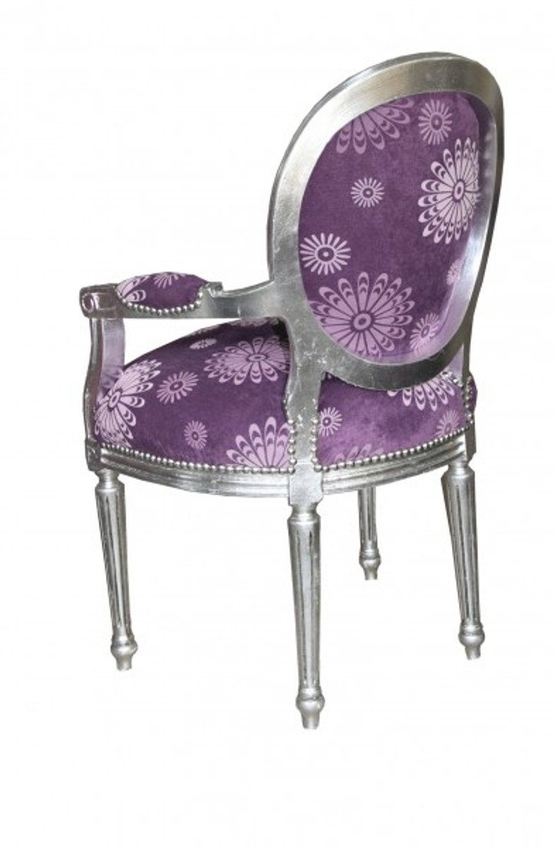 Besucherstuhl Muster / Rund Mod2 Stuhl Padrino Blumen Casa Barock Salon Silber Lila
