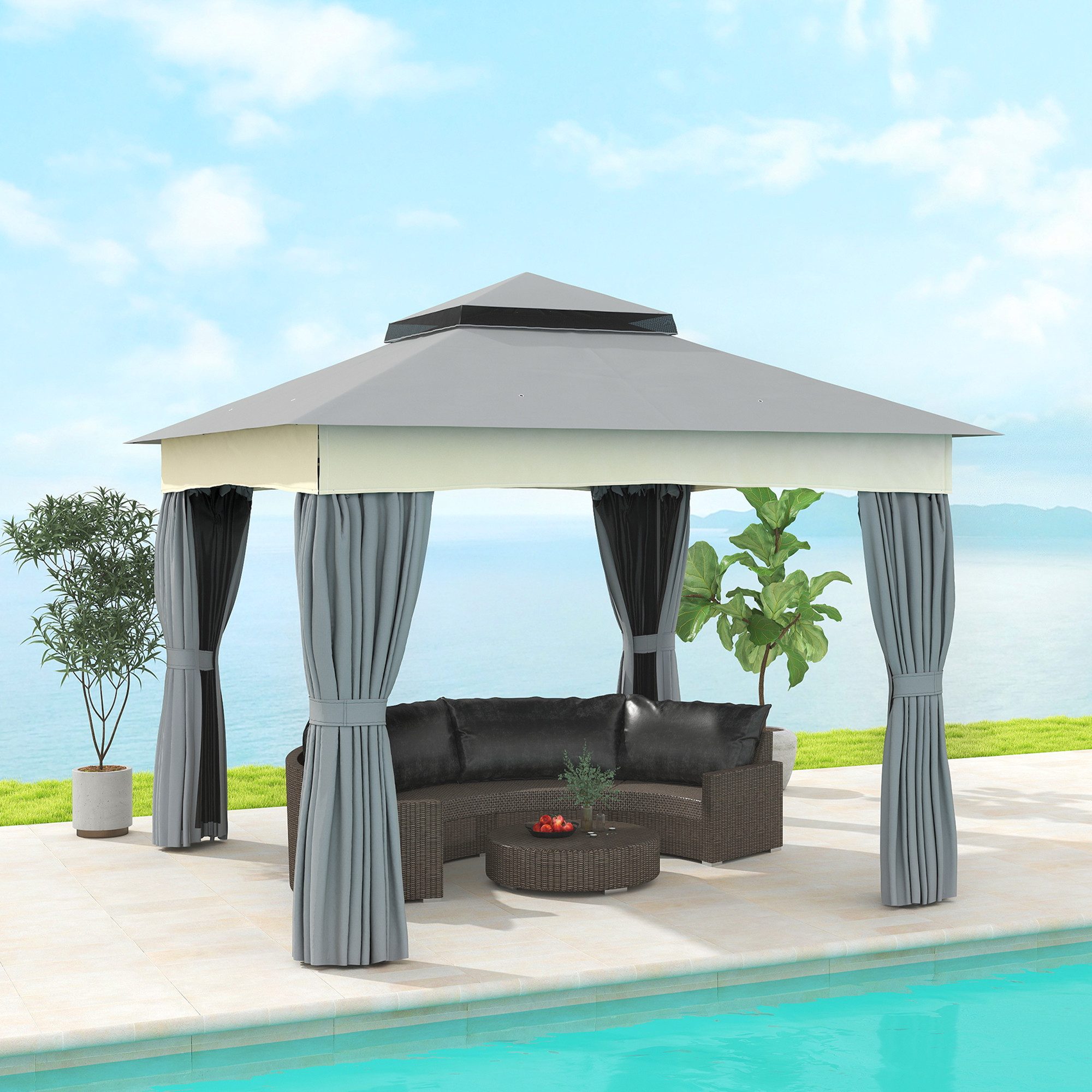 Outsunny Pavillon mit Doppeldach, 3x3 m, mit Moskitonetz, Seitenteile, mit 4 Seitenteilen, (Wasserabweisend Stabil Winterfest Gartenpavillon, Garten-Pavillon), aus Metall, für Garten, Terrasse, Dunkelgrau