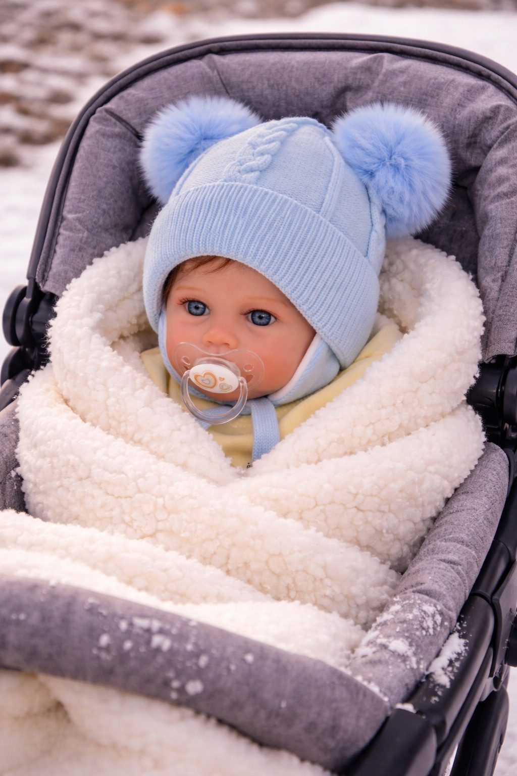 La Bortini Bommelmütze Baby Mütze in Creme Beige oder Blau mit Bommel 0-12Mon weich, warm, mit Baumwoll-Futter, neutral