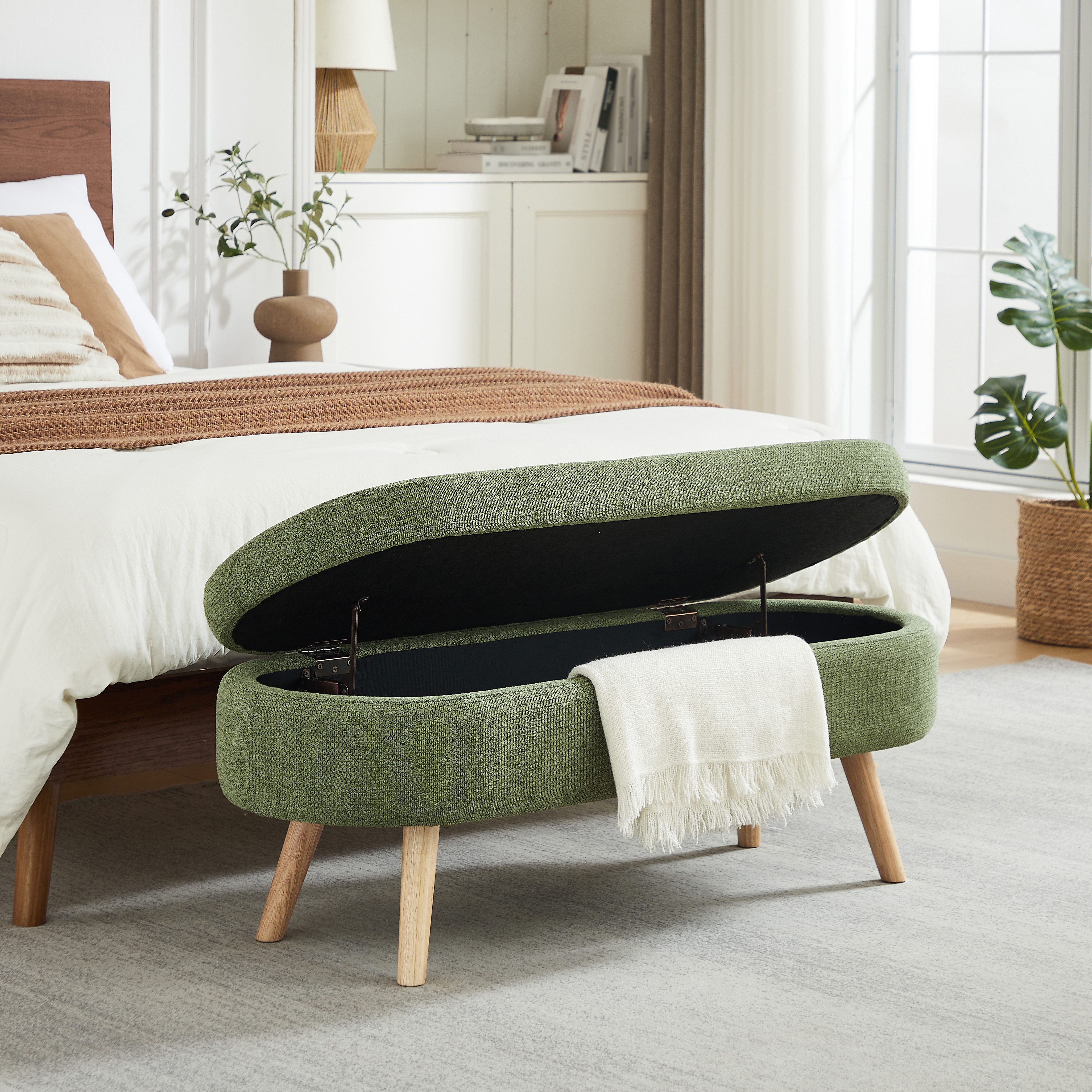 i@home Bettbank Sitzbank gepolsterte Bank mit Stauraum, ovalem Design (rutschfesten Füßen und Belüftungslöchern, 1-St), Aufbewahrungsbank für Flur Schlafzimmer 110 cm Chenille