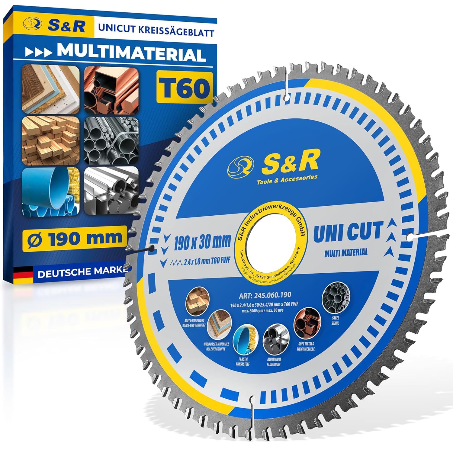 S&R Kreissägeblatt (Einzelsägeblatt, + Reduzierringe auf 25,4 und 20mm), Professionelles Multimaterial-Sägeblatt mit Spezialzahnung
