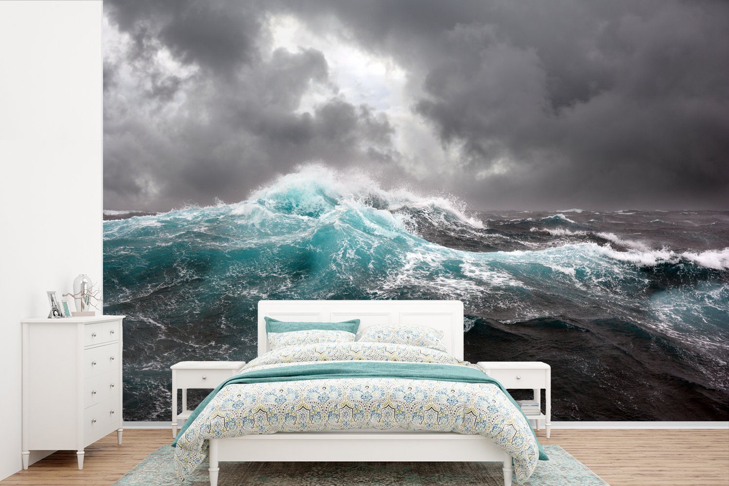 MuchoWow Fototapete Ozean - Sturm - Welle, Matt, bedruckt, (6 St), Wallpaper für Wohnzimmer, Schlafzimmer, Kinderzimmer, Vinyl Tapete