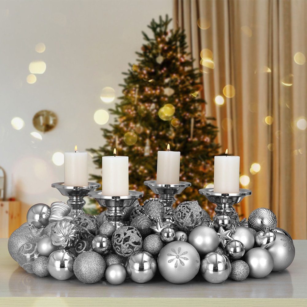 Silber Set glitzer Weihnachtskugeln 77er glänzend Weihnachtsbaumkugel matt Weihnachtsdeko Deuba (77 St),