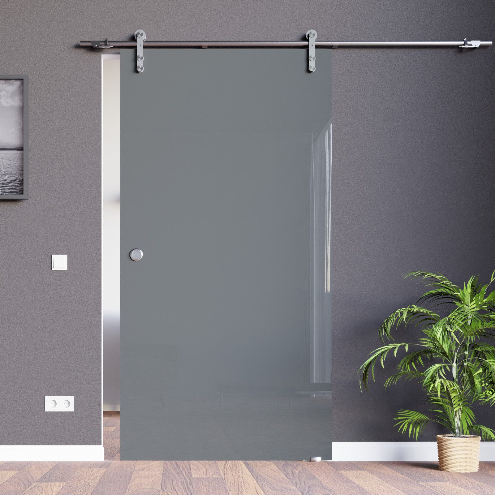 AMOD Glasschiebetür VSG-grau-SSOE (Komplett-Set), mit Griffmuschel und SoftStop