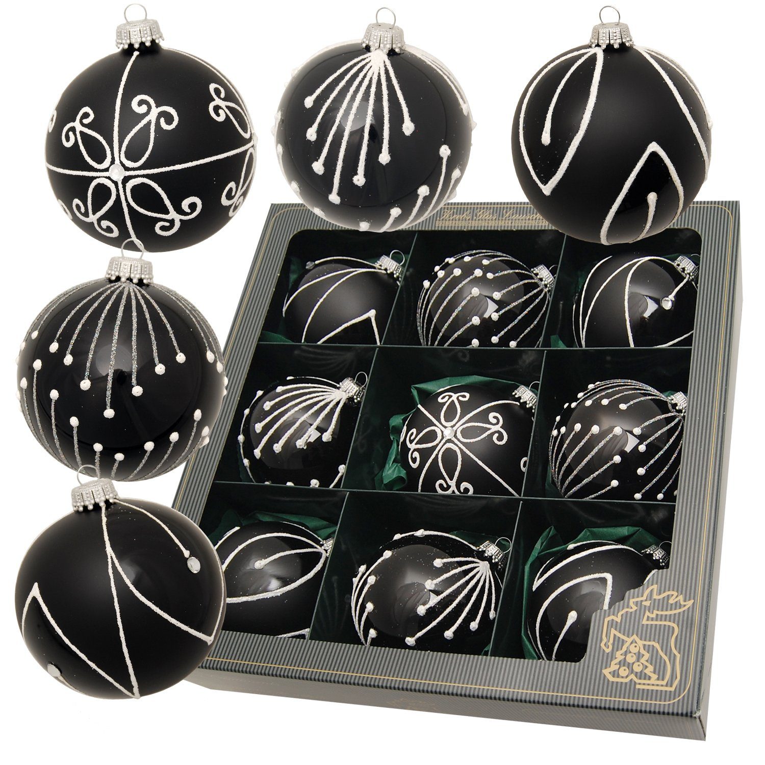 Krebs Glas Lauscha Christbaumschmuck Glaskugelset "Black & White Xmas", 9-teilig, schwarz/weiß/matt/glanz, (9-tlg)