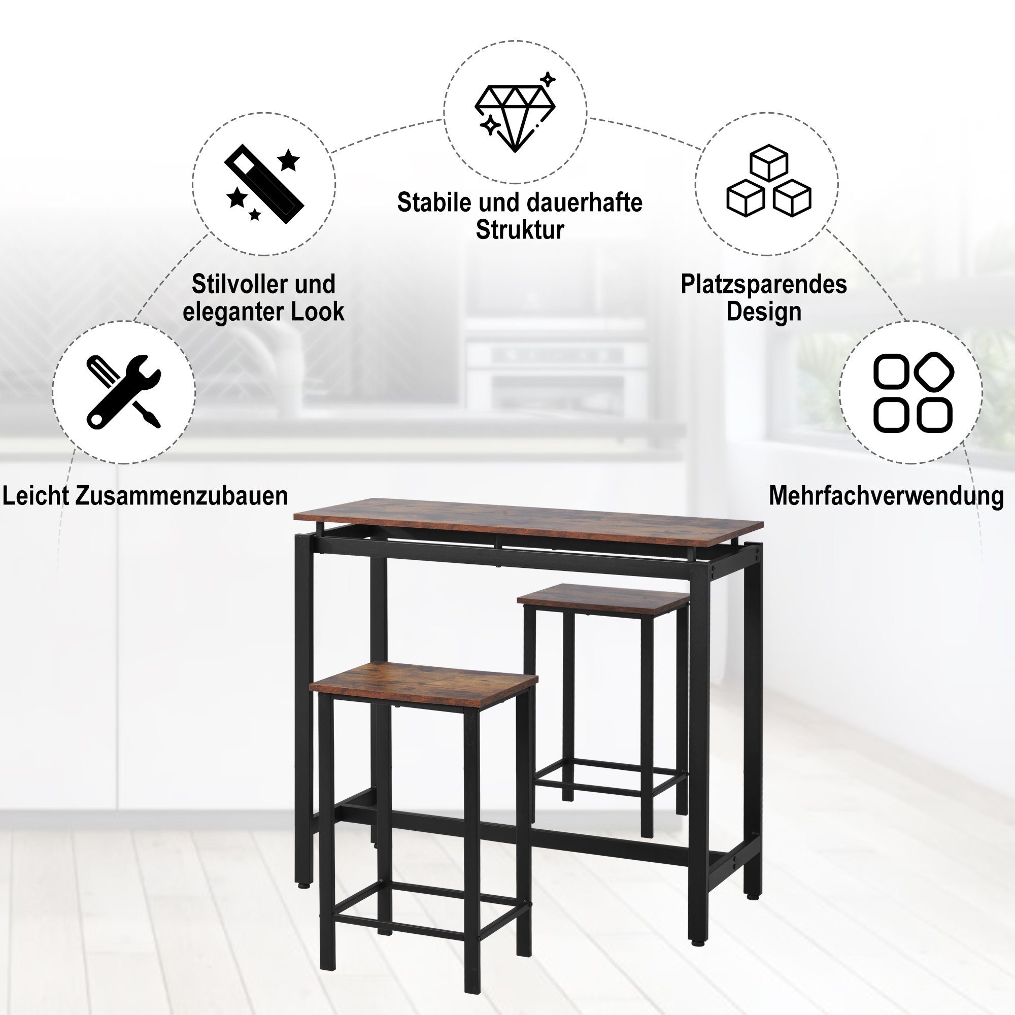 Bartisch (3-St), mit Hocker, Küchentisch Stehtisch Vintage, 100x40x90cm, 38x30x60cm