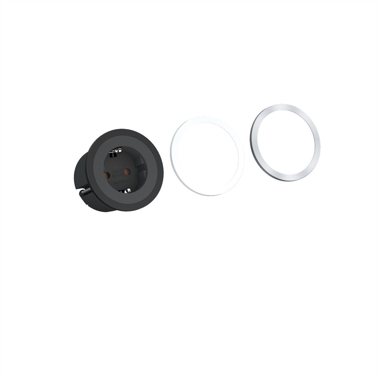 Bachmann PIX 1x Schutzkontakt Steckdosenleiste (Kabellänge 2 m), mit Schutzkontakt und Zierringen in Weiß, Schwarz und Edelstahloptik