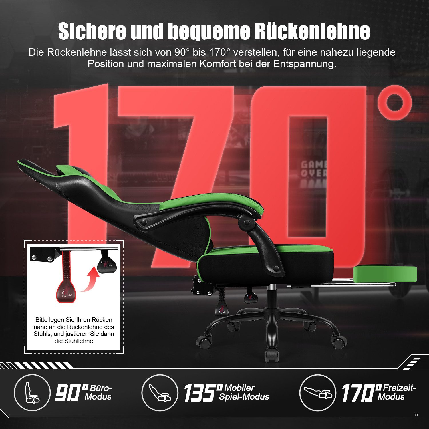 Hiazurm Gaming-Stuhl Gaming Stuhl Chair Gamer Sessel - Ergonomischer Gamer Stuhl (Tragkraft 150 Kg), Gamingstuhl mit Fußstütze Kopfstütze und Lordosenstütz PC S – Bild 2 von 5