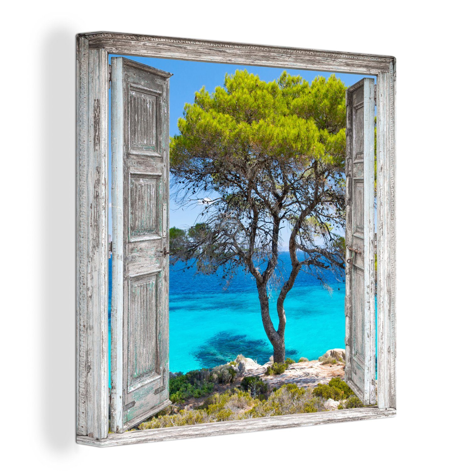 OneMillionCanvasses® Leinwandbild Baum - Tropisch - Meer - Blick - Strand, (1 St), Leinwand Bilder für Wohnzimmer Schlafzimmer