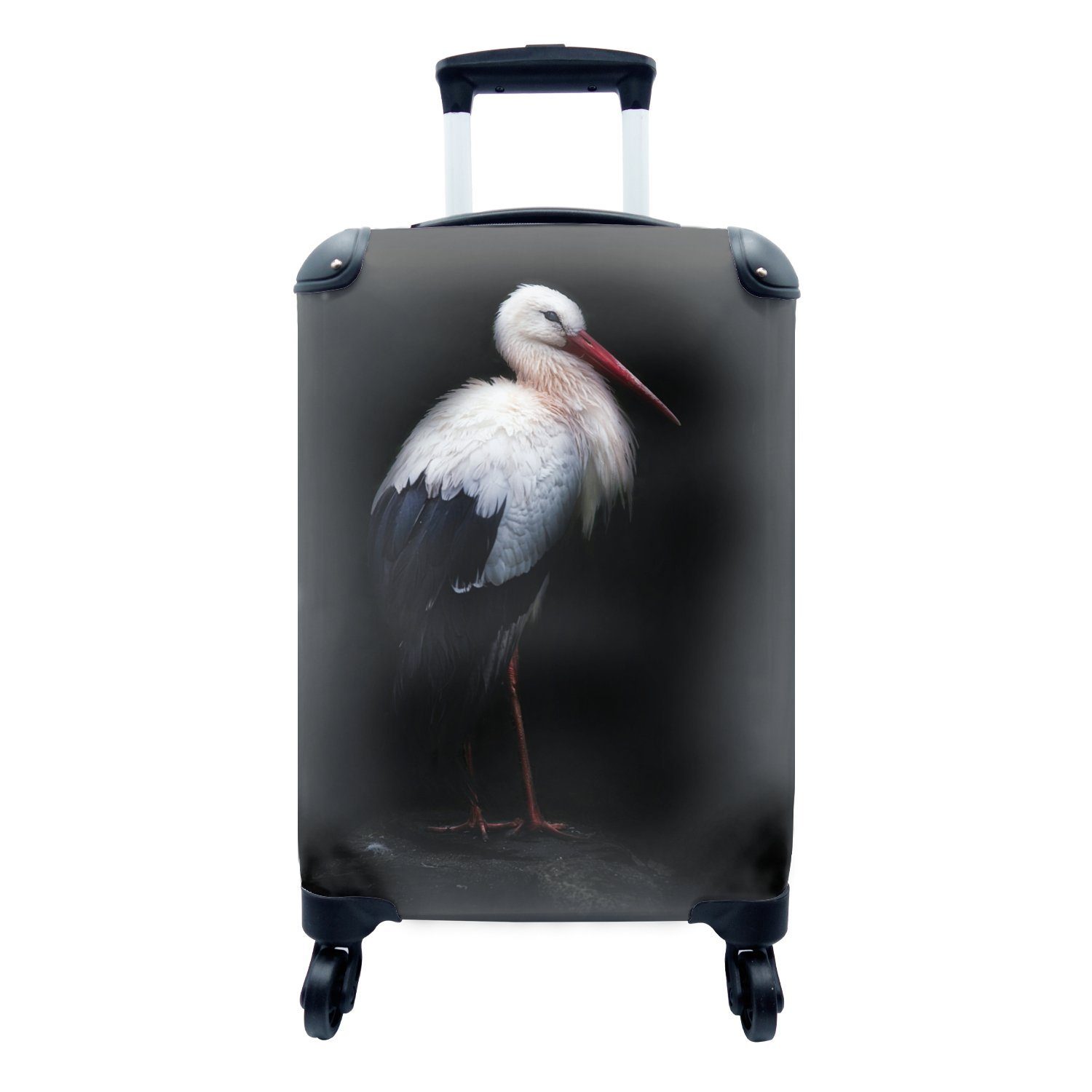 MuchoWow Handgepäckkoffer Porträtstorch auf schwarzem Hintergrund, 4 Rollen, Reisetasche mit rollen, Handgepäck für Ferien, Trolley, Reisekoffer