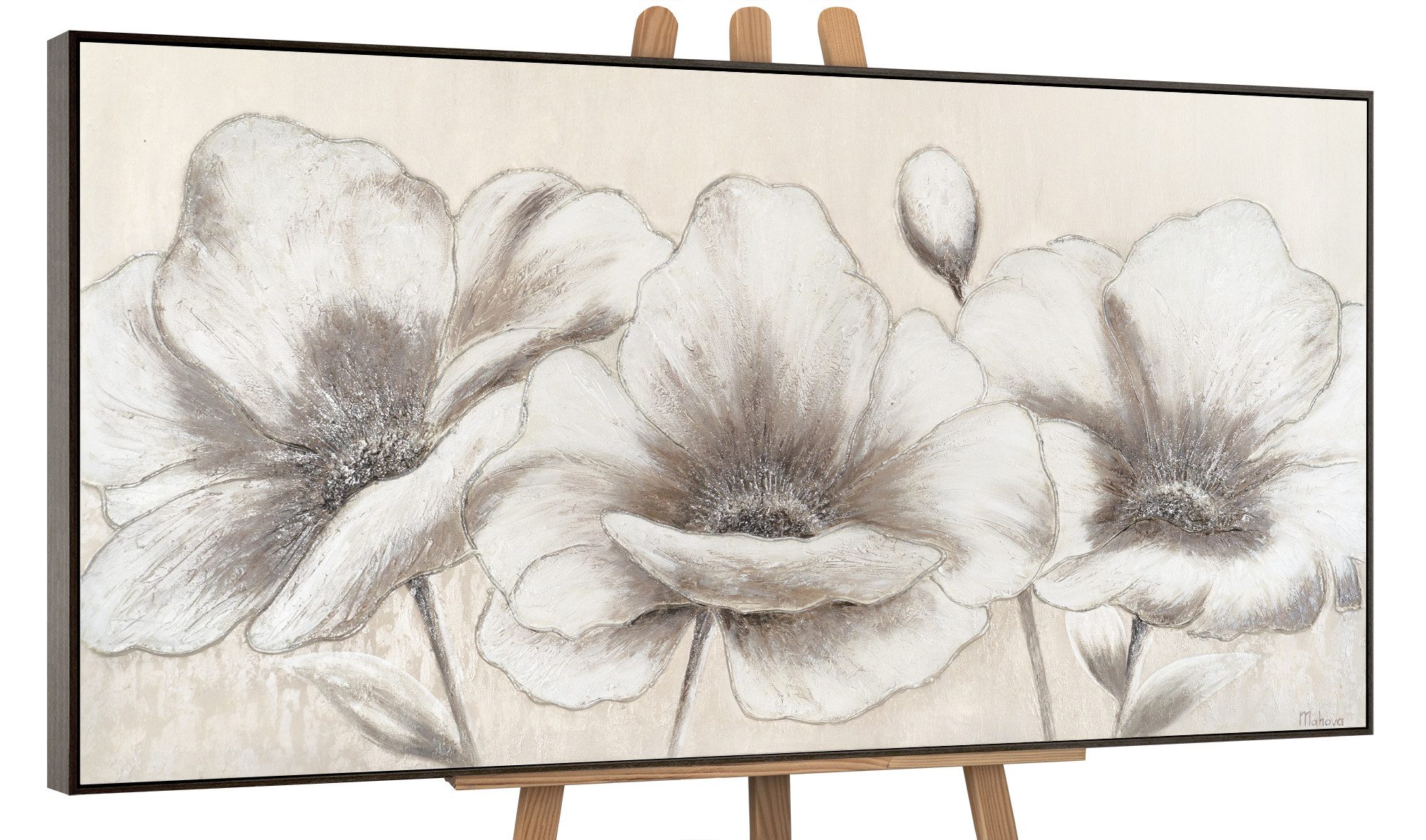 YS-Art Gemälde Blumen II, Blumen, Blumen auf Leinwand Bild Handgemalt Beige Weiß Schwarz