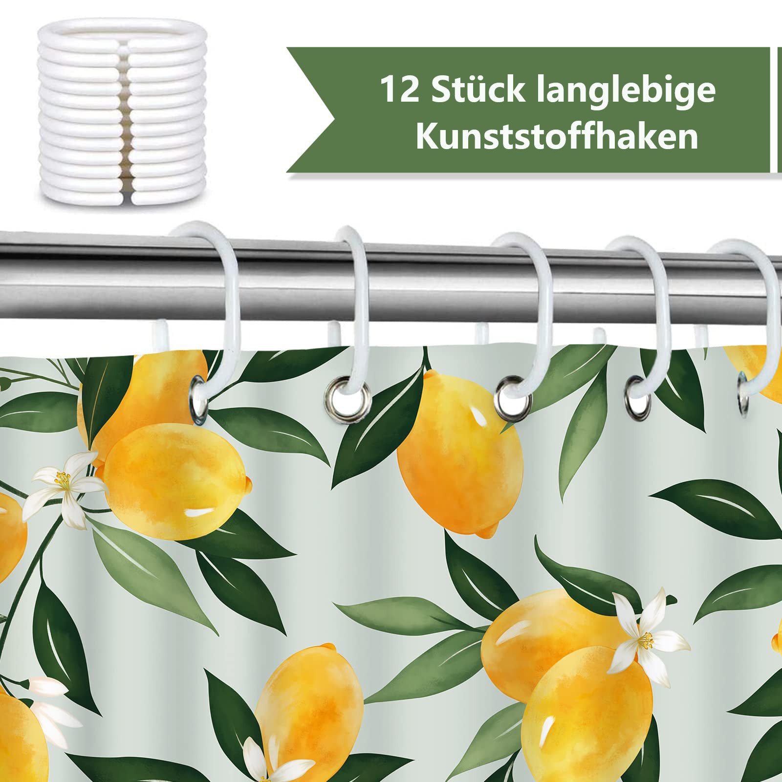 FOUORTUNATE-BEE Duschvorhang Zitronen Grüne Blätter Duschvorhänge Anti-Schimmel Wasserdicht (180 x 180 cm Polyester Stoff Waschbar Vorhäng für Badzimmer mit 12 Haken)