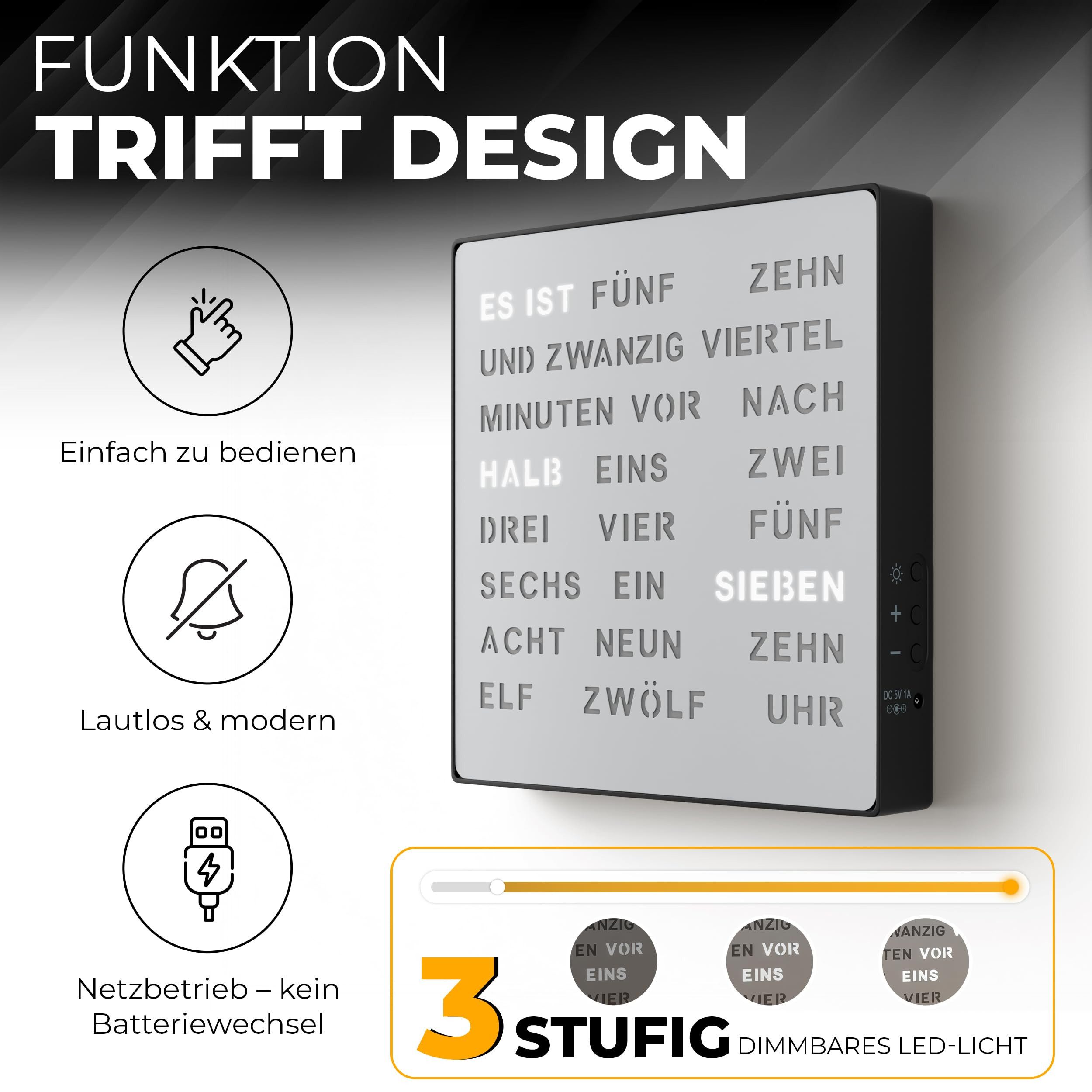 Bada Bing Uhr LED Wortuhr Tischuhr Wanduhr Uhr mit USB Kabel (Metallfront S günstig online kaufen