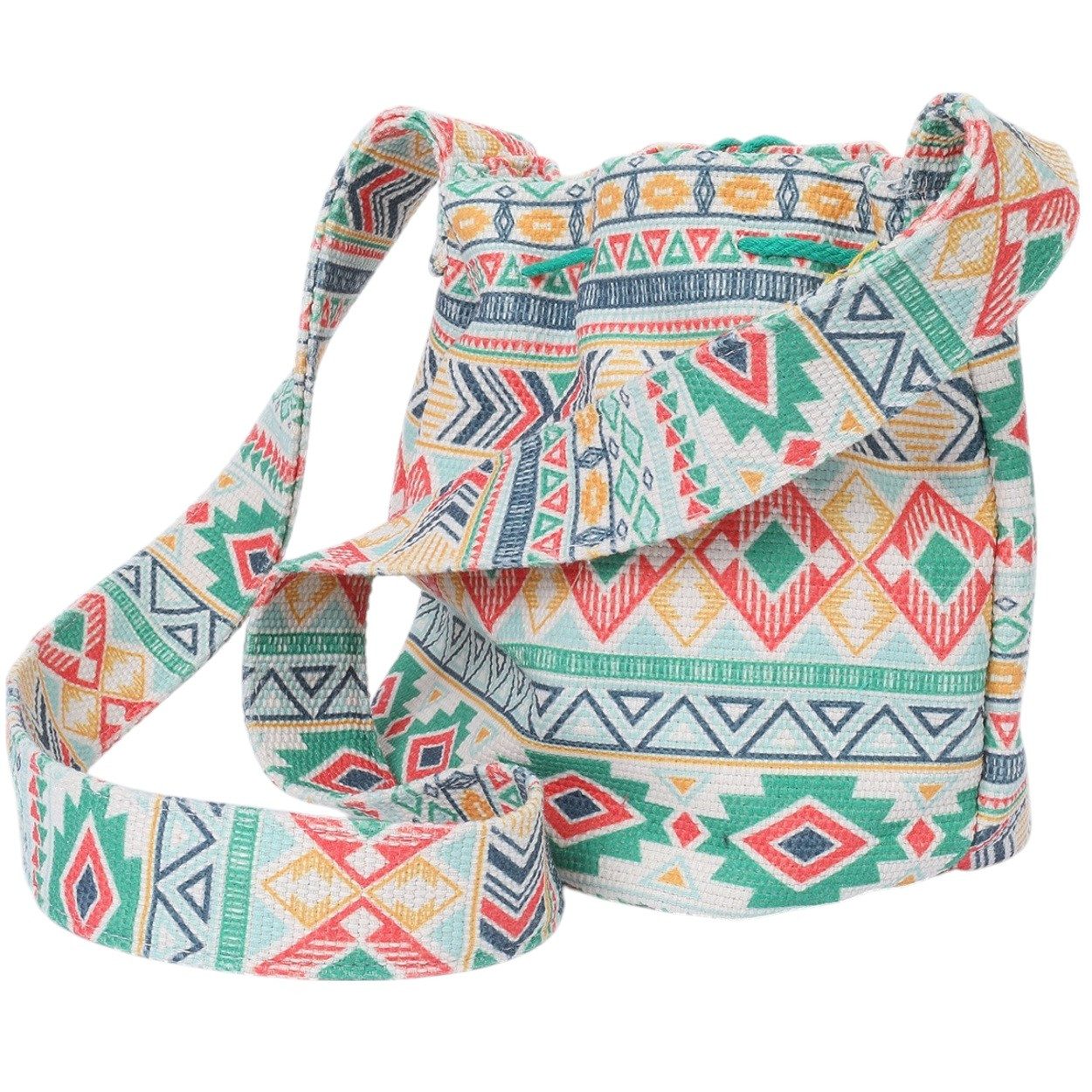 KARMA Handtasche Bucket Bag Damen Baumwolle Bunte Umhängetasche mit Quasten (Kleine Schultertasche für Alltag, Reisen, Festival, Strand, Rosa oder Grün), Tunnelzug 24x17 cm Boho Ethno Crossbody Bag