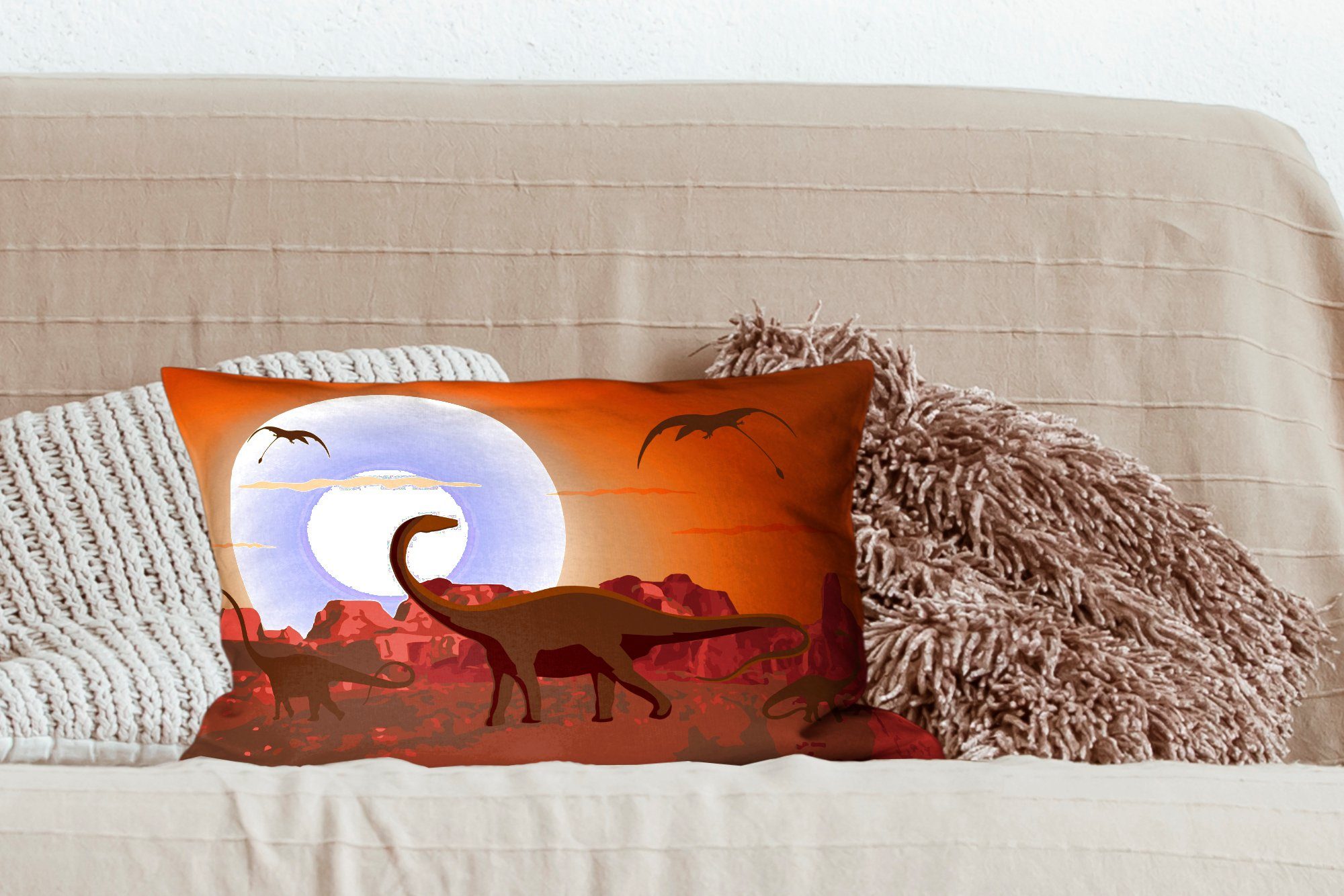 Zeichnung Dekoration, Kinder, - Schlafzimmer - Dino Dekokissen Zierkissen, Dekokissen Füllung, MuchoWow - Jurassic Jungen - - Wohzimmer Sonne mit