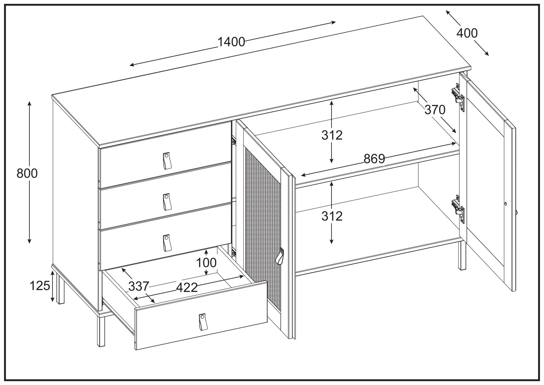 140x80x40 Sideboard Valencia, BxHxT lackiert, weiß Woodroom massiv cm Kiefer