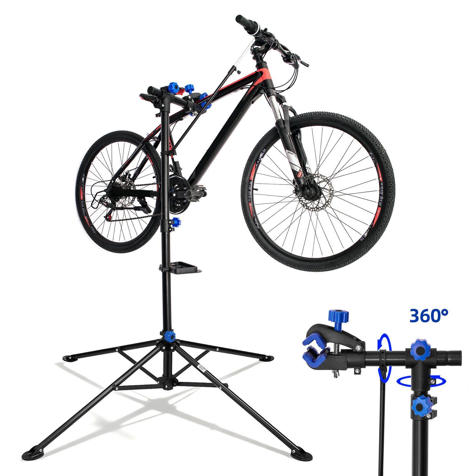 SunJas Fahrrad-Montageständer Profi Reparaturständer Fahrradständer bis 30kg,360° drehbar (mit Werkzeugschale und Magnetfach, klappbar,Höhenverstellbar:113-200cm), für MTB, Rennrad, E-Bike