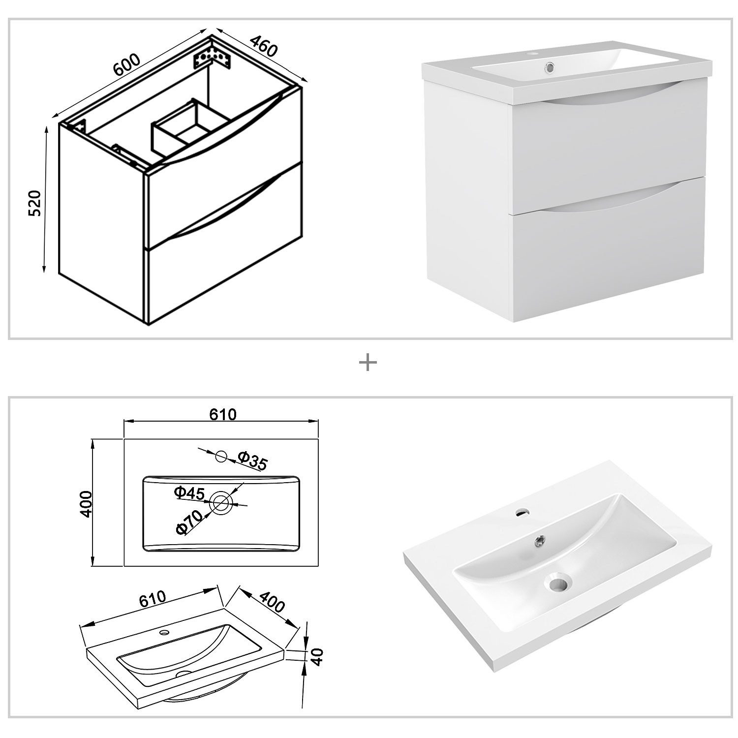 Aica Sanitär Waschtisch Waschbecken mit Unterschrank Soft Close Badmöbel Badschrank Gäste-WC – Bild 5 von 5