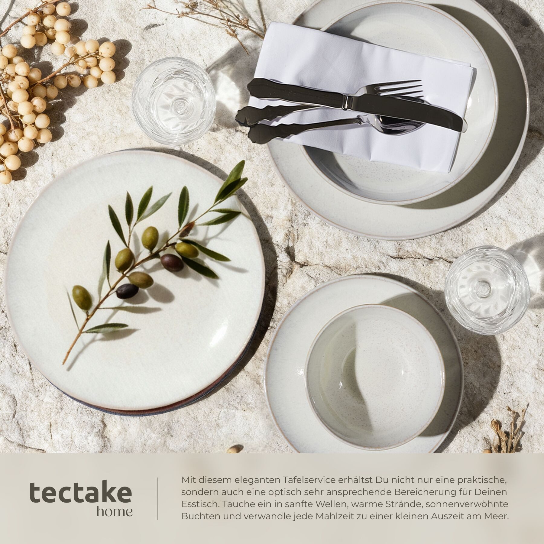 tectake Geschirr-Set Tafelservice aus Steingut für 6 Personen, ineinander stapelbar (24-tlg), 6 Personen, Steingut, handgefertigt, mit Glasur, spülmaschinen- un – Bild 5 von 5