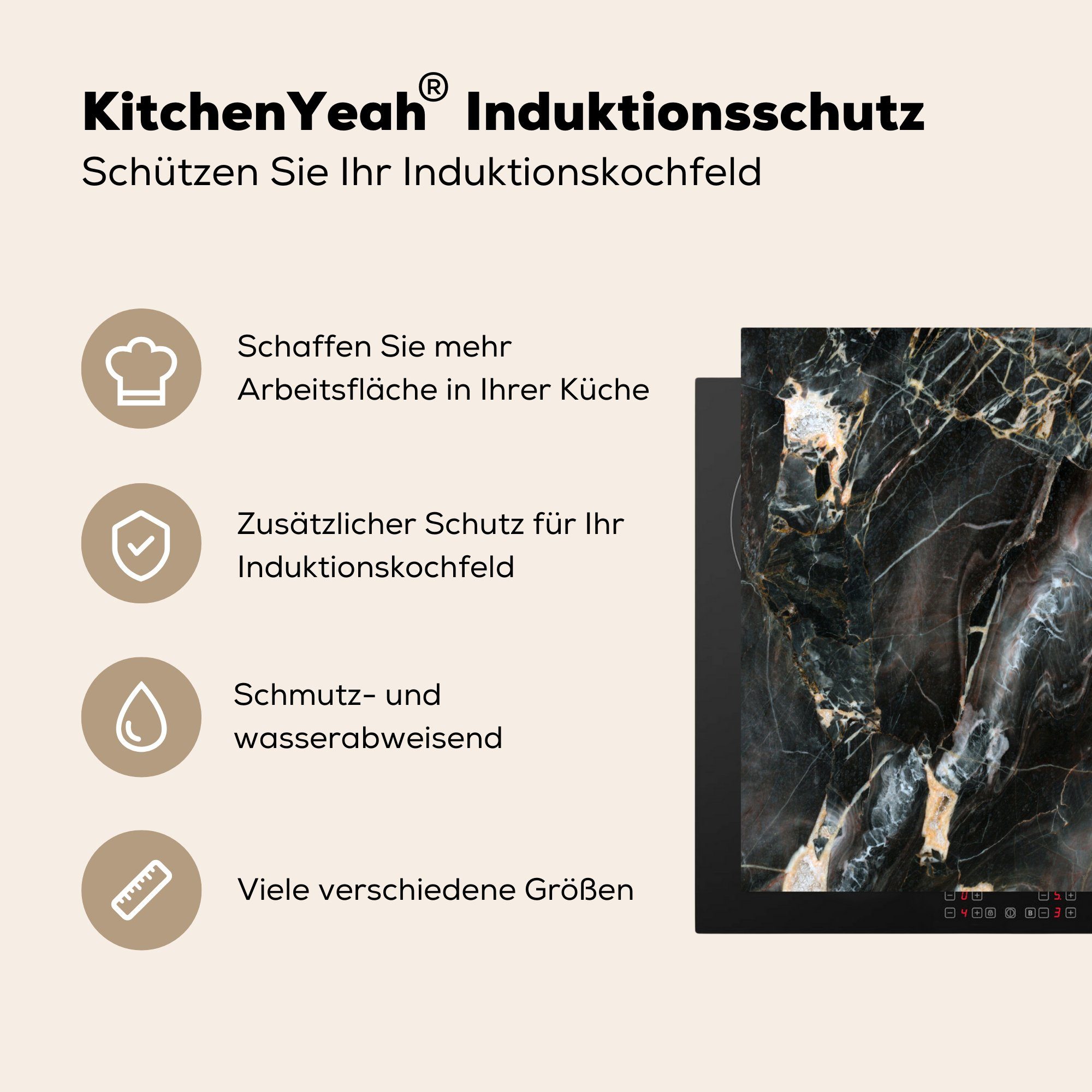 Marmor (1 Vinyl, - cm, 59x52 Herdblende-/Abdeckplatte tlg), Induktionsmatte - für Schwarz Muster, die - küche, MuchoWow Ceranfeldabdeckung Gold
