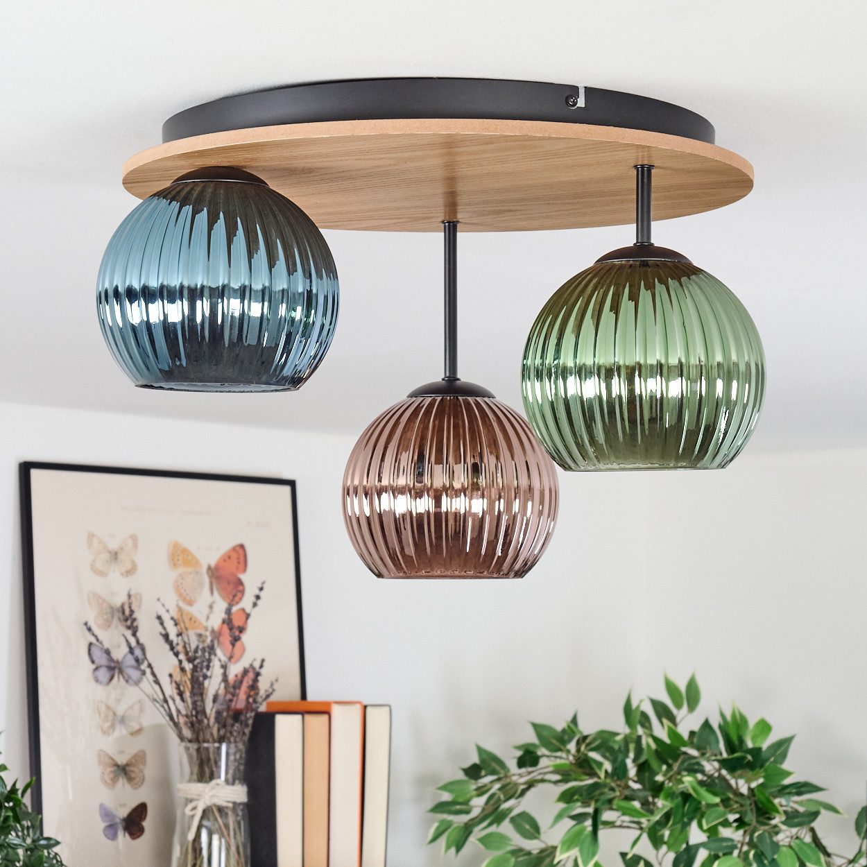 hofstein Deckenleuchte Deckenlampe aus Metall/Holz/Riffelglas, Schwarz/Natu günstig online kaufen