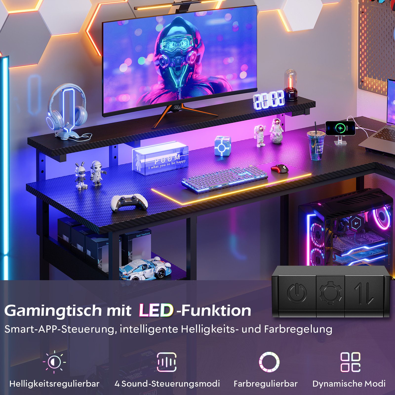 HOMALL Schreibtisch Eck-Schreibtisch, Gaming-Tisch mit Stauraum und Steckdosen (Ausgestattet mit 2 Steckdosen, 2 USB-Anschlüssen, 4 Schubladen, einer höhenverstellbaren Monitorhalterung, einer LED-Lichtleiste, 2 Einlegeböden sowie einer Halterung für den PC-Tower)