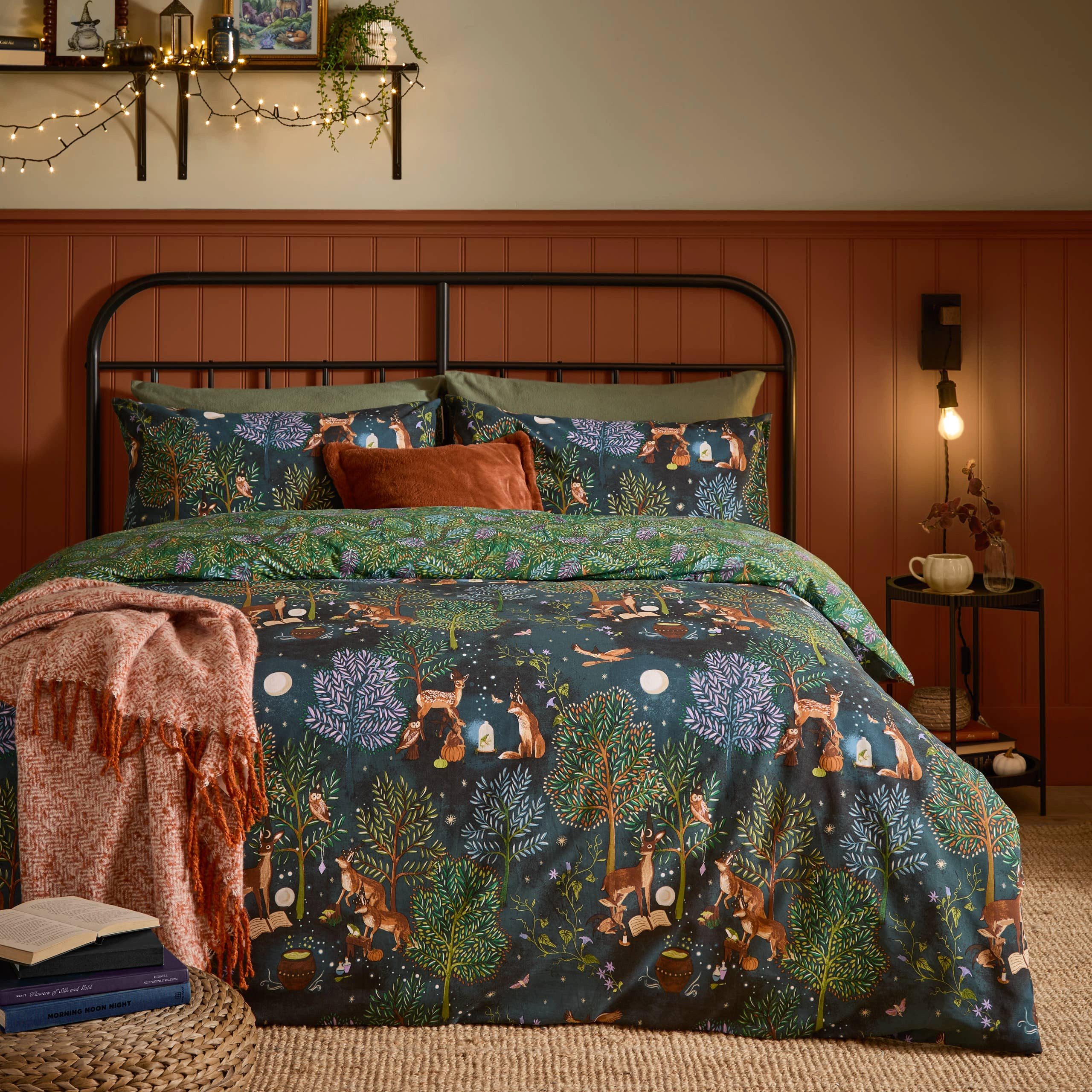 Riva Home Wendebettwäsche Vintage Bettwäsche Set Woodland Ritual Waldtier bei Nacht Mondschein, Vintage Bettwäsche Set Woodland Ritual Waldtier bei Nacht Mondschein