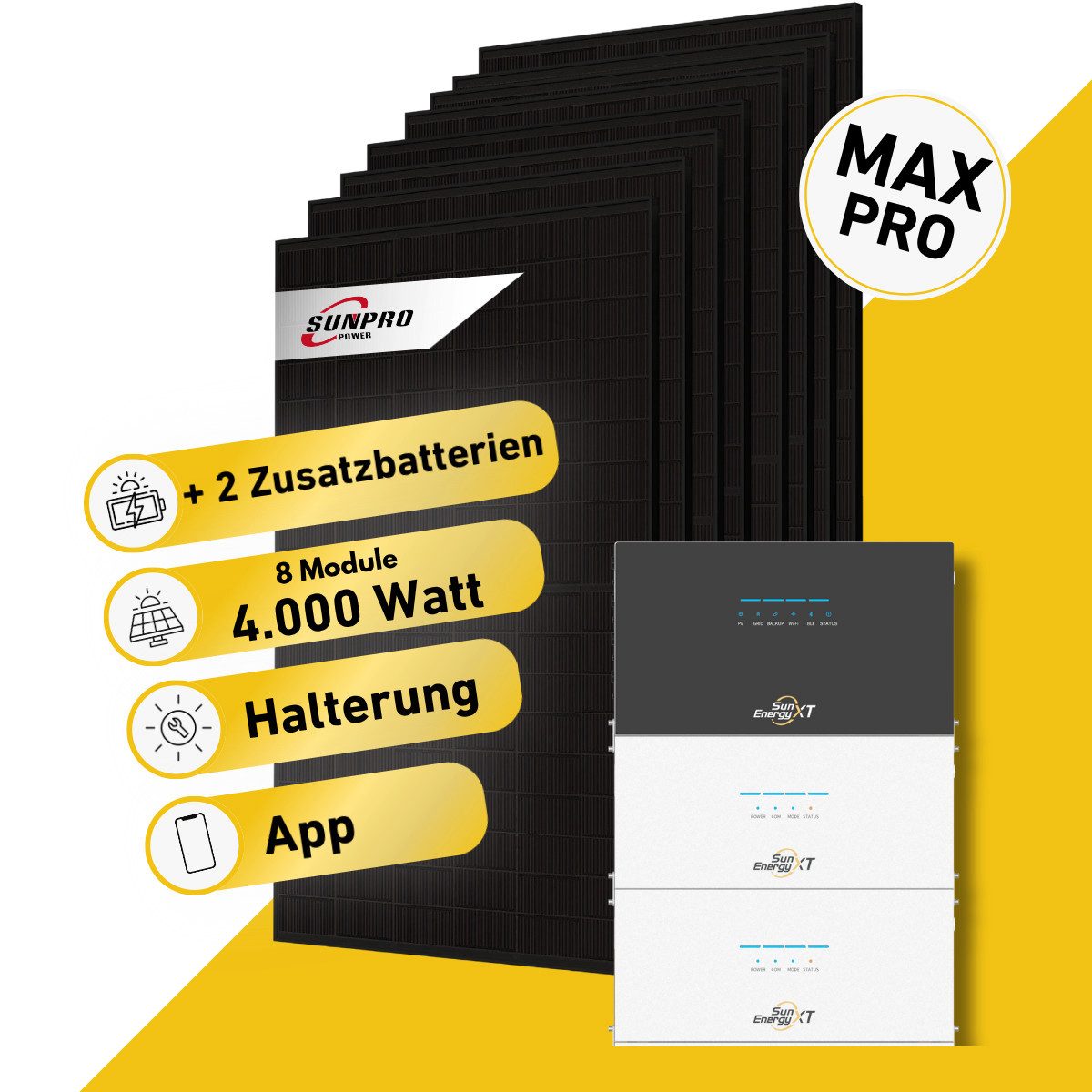 Balkonstrom Balkonkraftwerk MAX Pro 4000 Watt Solaranlage mit Speicher Komplettset Bifazial, 4000 W, Monokristallin, (8x Sunpro Solarmodul á 500 Watt, 1xHoymiles HiBattery 4020X Solarspeicher, 1-3 Zusatzspeicher HB4020S), Halterung für Dach, Fassade, Balkon & Garten, App & Plug&Play DE