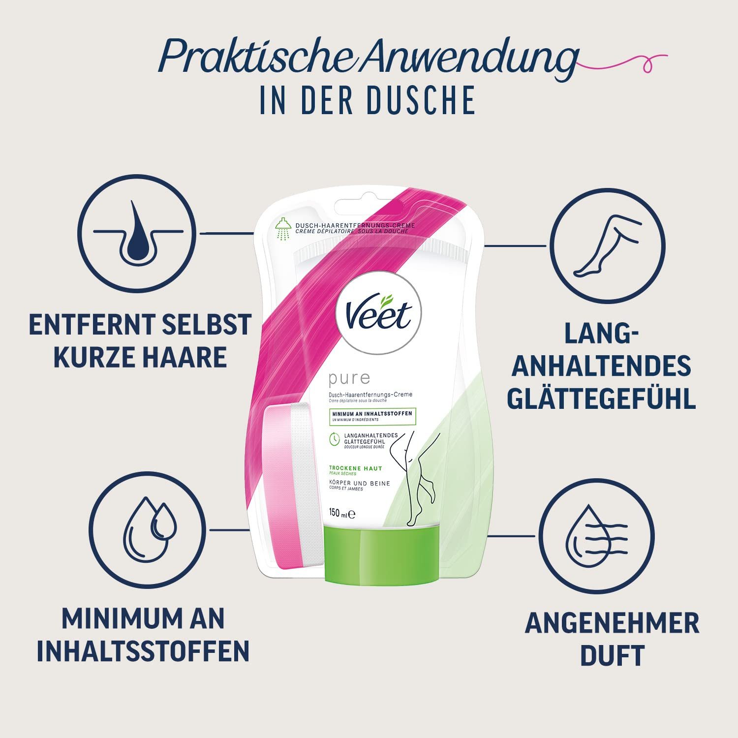 Veet Enthaarungscreme für Körper, Arme & Beine 2 x 150ml, Spar-Pack, 2 St., Haarentfernungscreme, bei trockener Haut für die Anwendung unter der Dusche