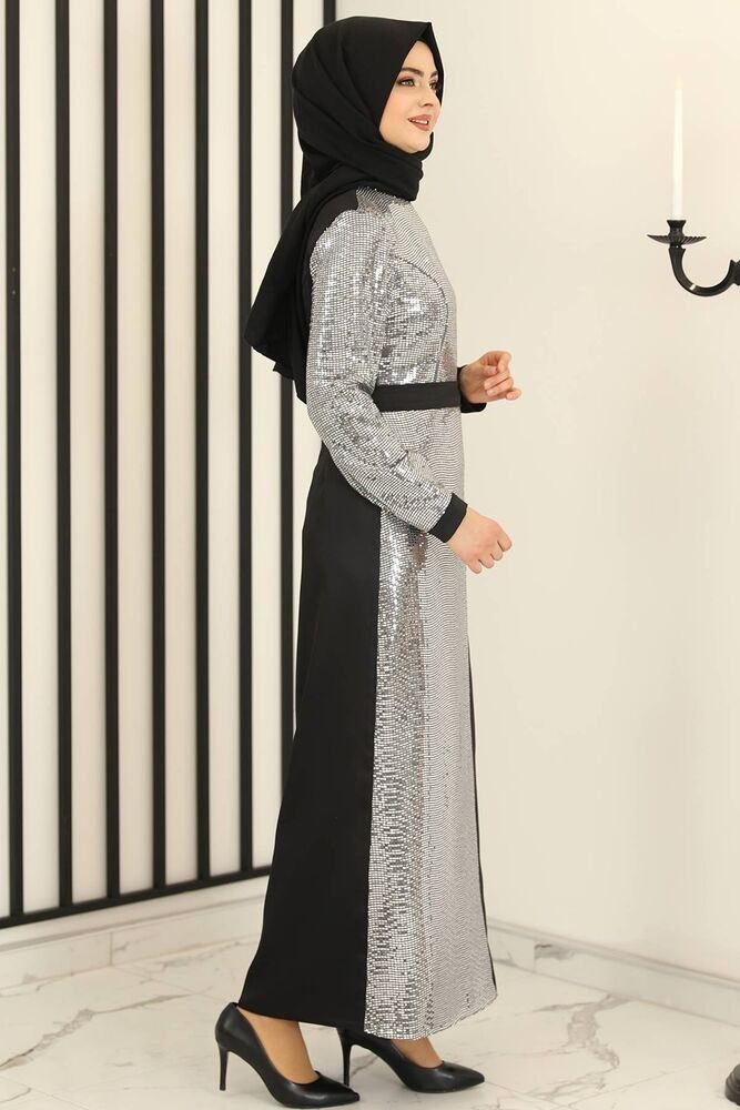 Silber Modavitrini Damen Abendkleid Pailletten, Paillettenkleid Hijabmode Schwarz Modest silbernes Kleid Fashion Abiye