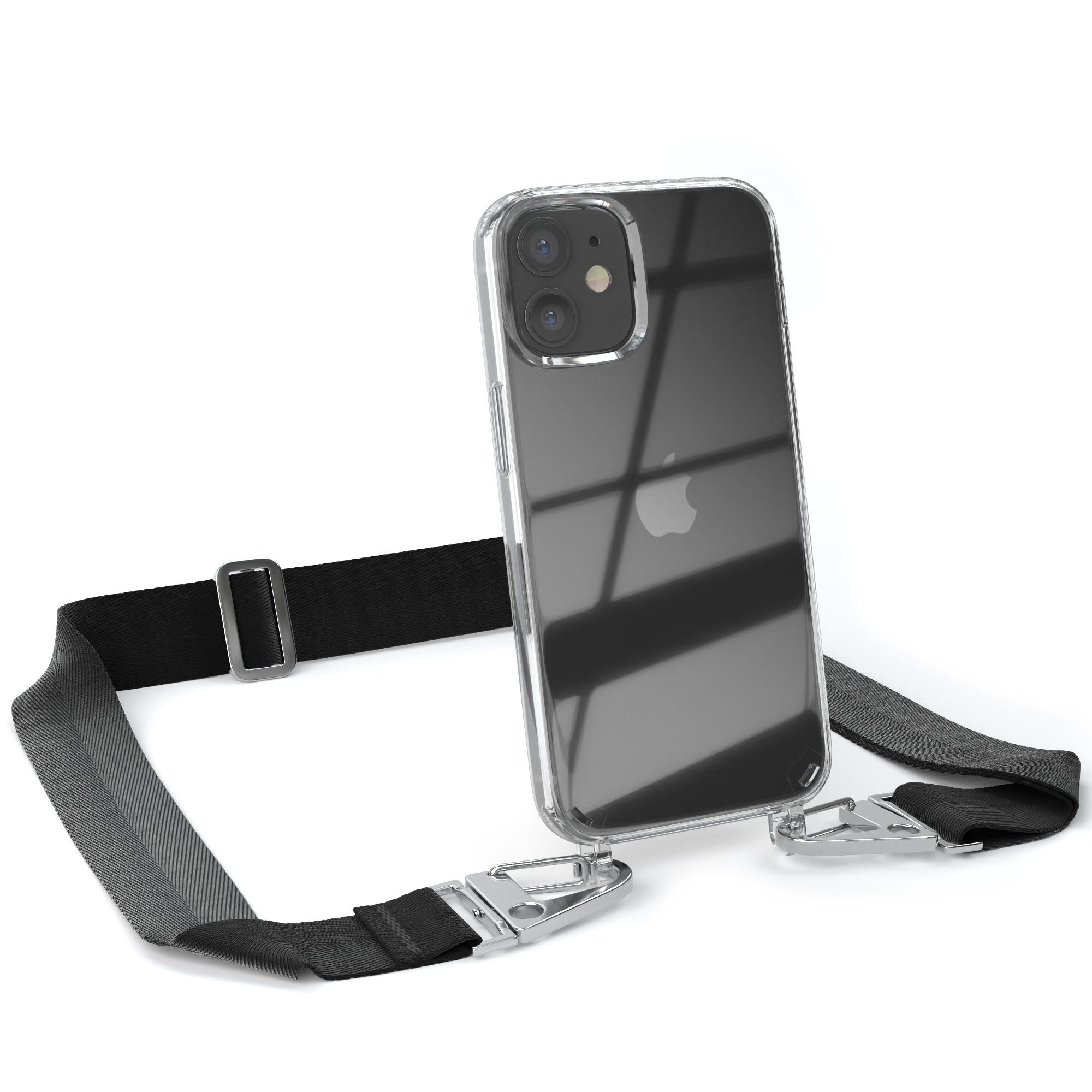 EAZY CASE Handykette Silikon Kette Karabiner für Apple iPhone 12 Mini 5,4 Zoll, Schutzhülle zum Umhängen Handyhülle mit Umhängeband Schwarz Silber