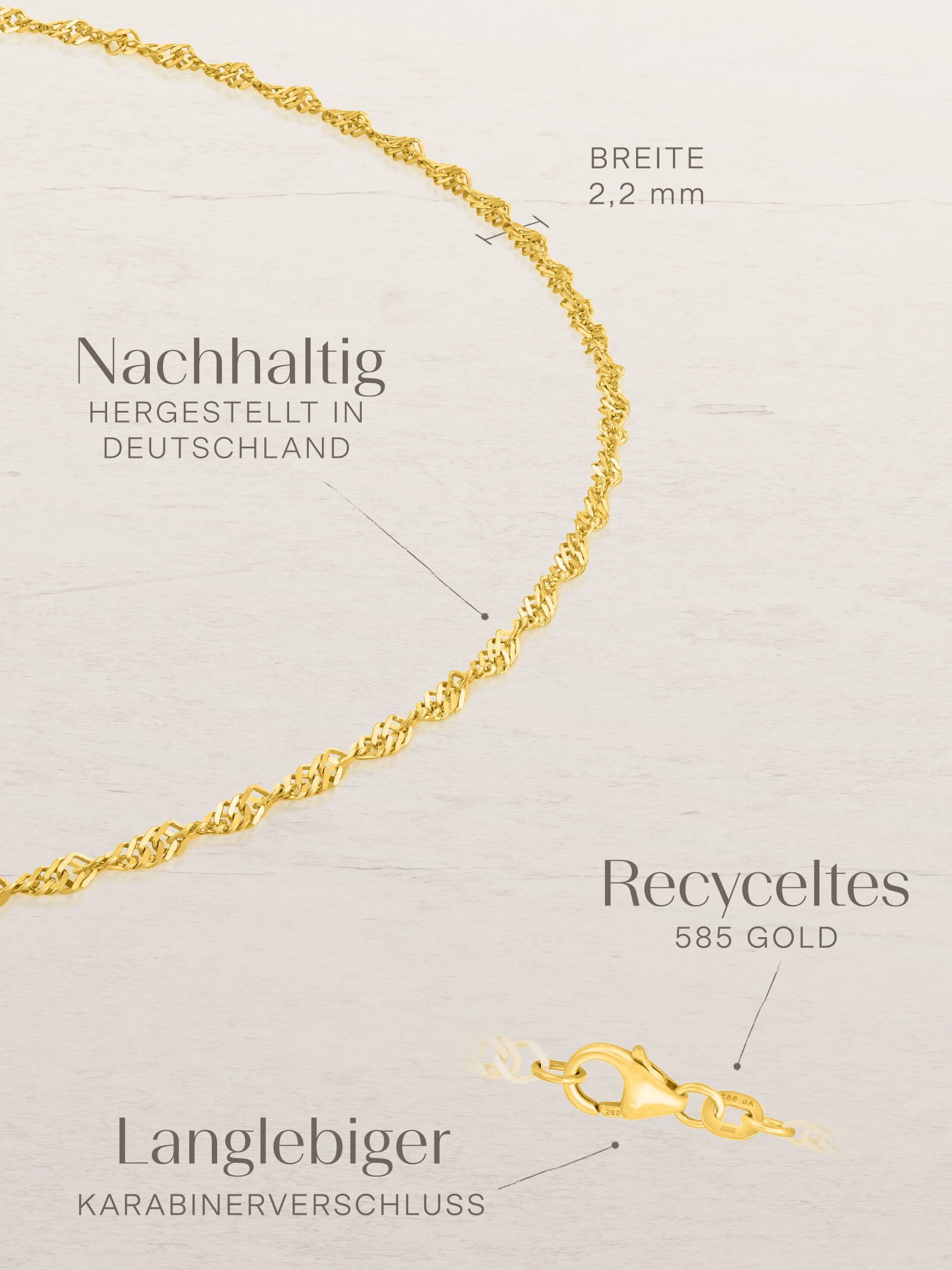 Armband 18,5cm, Echtgold, Made Germany Armkettchen 585 modabilé 2,2mm in Goldarmband Damen Armkette, Singapurkette