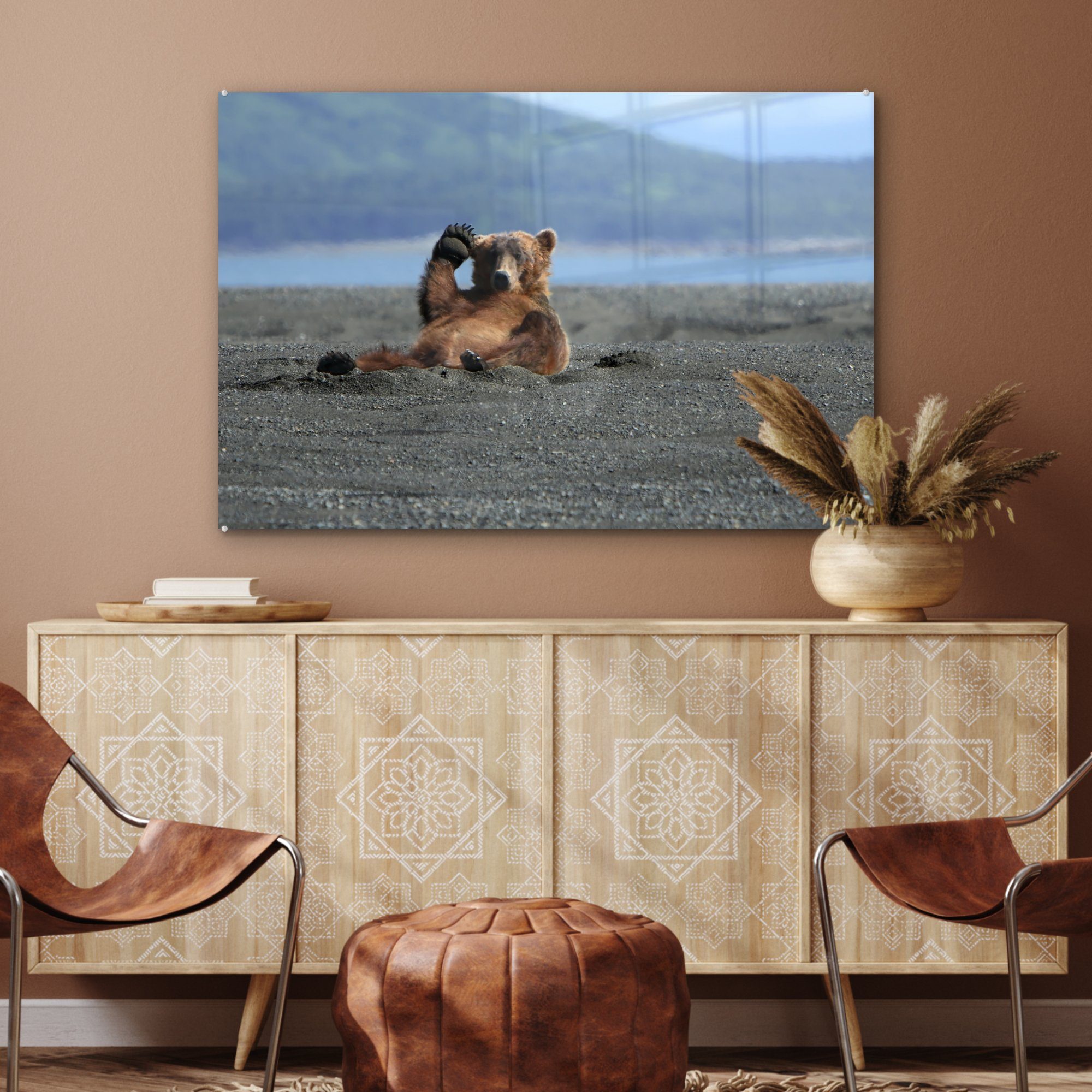 MuchoWow Acrylglasbild Bild eines Grizzlybären, der seine (1 hebt, Wohnzimmer St), Schlafzimmer Acrylglasbilder & Pfote