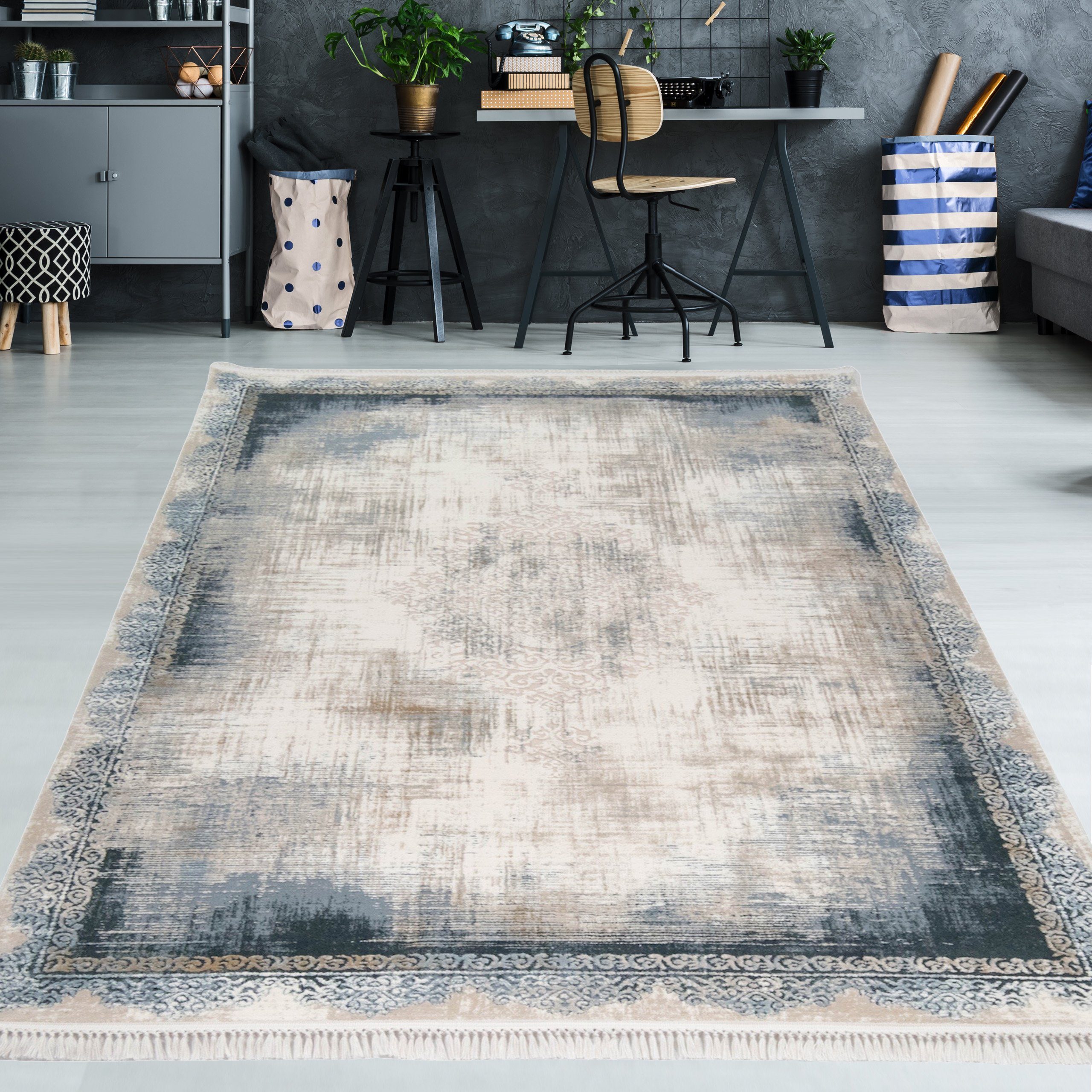 TeppichHome24 Teppich Teppich mit Verzierungen & Fransen blau, rechteckig, Höhe: 10 mm