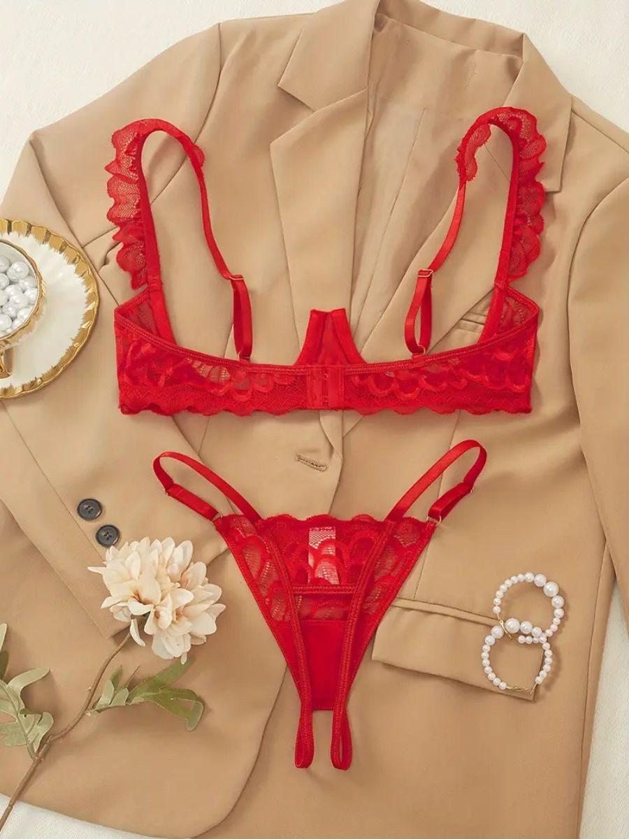 Elegant Love Set: Ouvert-BH Sexy Dessous-Set mit Cut-Outs – Bügel-BH & String, Reizwäsche-Set (Set, 2-tlg., mit Tanga) Spitzen-Unterwäsche-Set mit offener Brust und Schrittöffnung