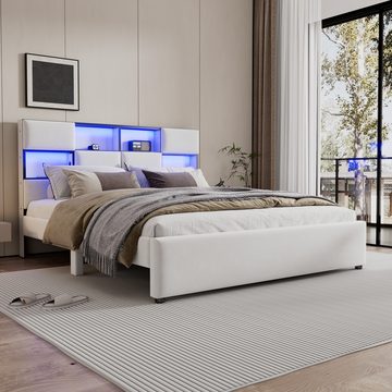 DOPWii Bett 160*200cm Flachbett mit Verstellbares Umgebungslicht,USB-Anschluss, Mehrere Ablagefächer an Der Seite des Bettes,Beige