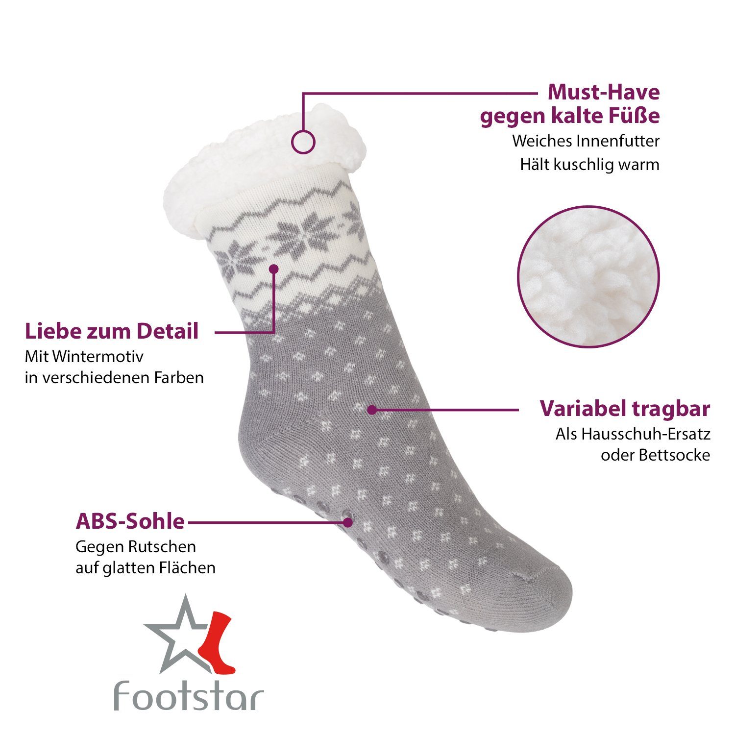 Footstar ABS-Socken Winter Haussocken Damen & Herren 1er oder 2er Kuschelsocken – Bild 2 von 5