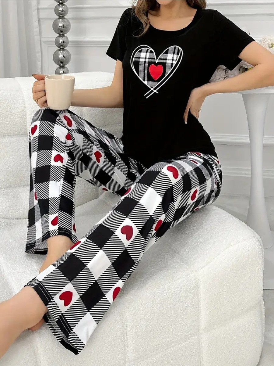 Elegant Love Pyjama Lässige Damen Nachtwäsche & Loungewear – Bequeme Homewear (Set, 2 tlg., Kurzarmshirt + lange Hose) Komfortabler Schlafanzug – ideal für entspannte Nächte & Hausanzug