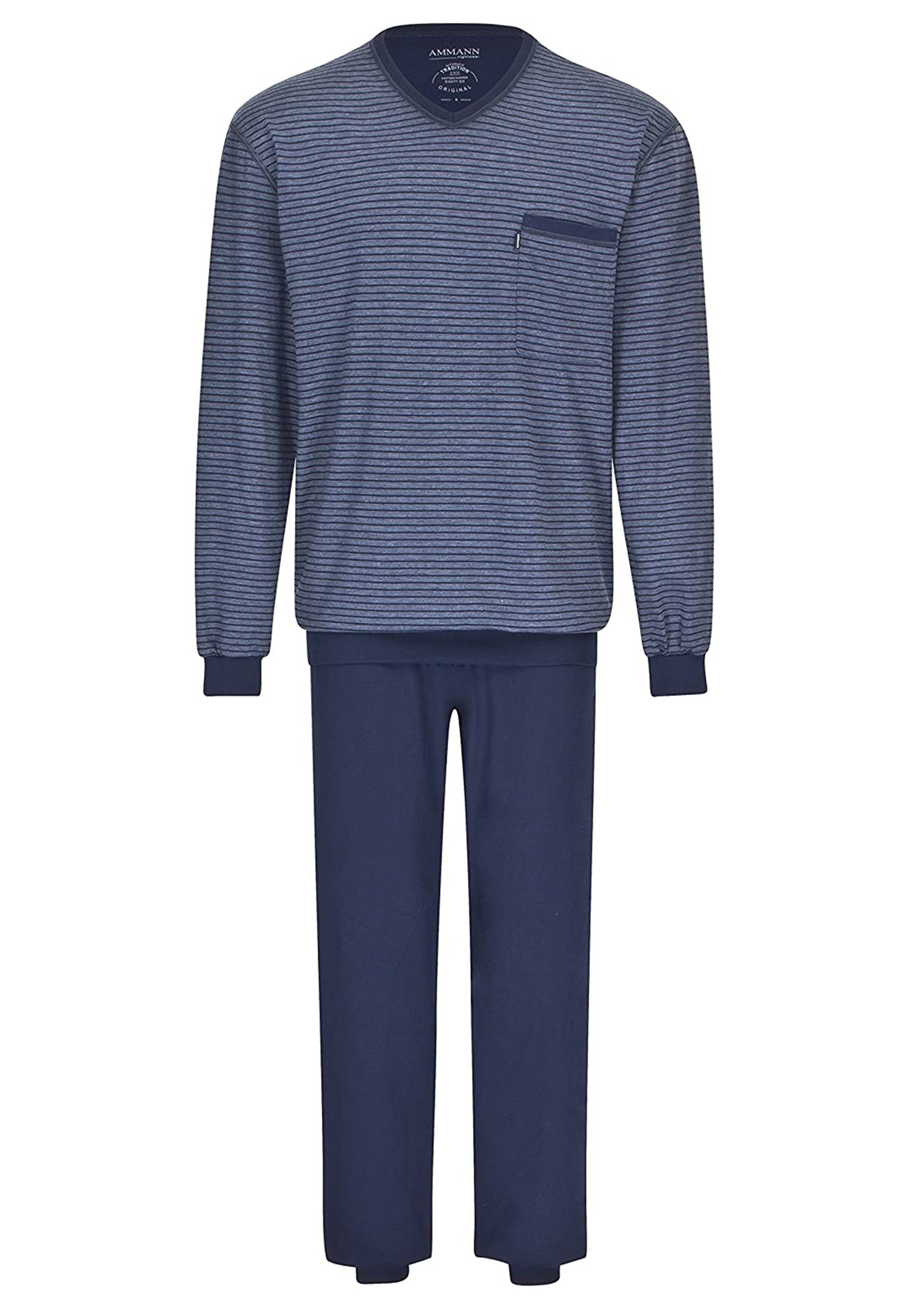 Ammann Pyjama Basic (Set, 2 tlg) Schlafanzug Langarm - Baumwolle - Mit Bündchen an Ärmeln und Beinen Blau
