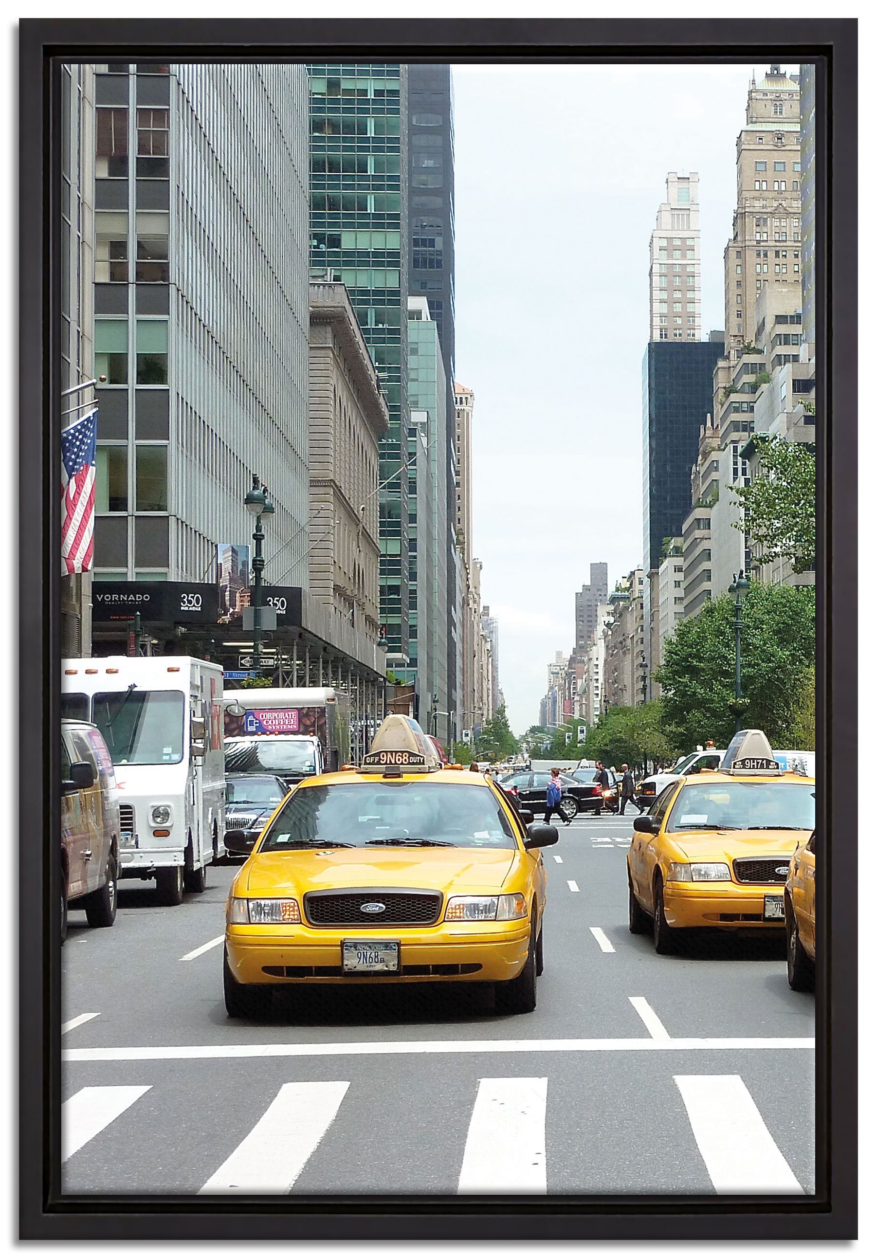 Pixxprint Leinwandbild Taxi in New York City, Wanddekoration (1 St), Leinwandbild fertig bespannt, in einem Schattenfugen-Bilderrahmen gefasst, inkl. Zackenaufhänger