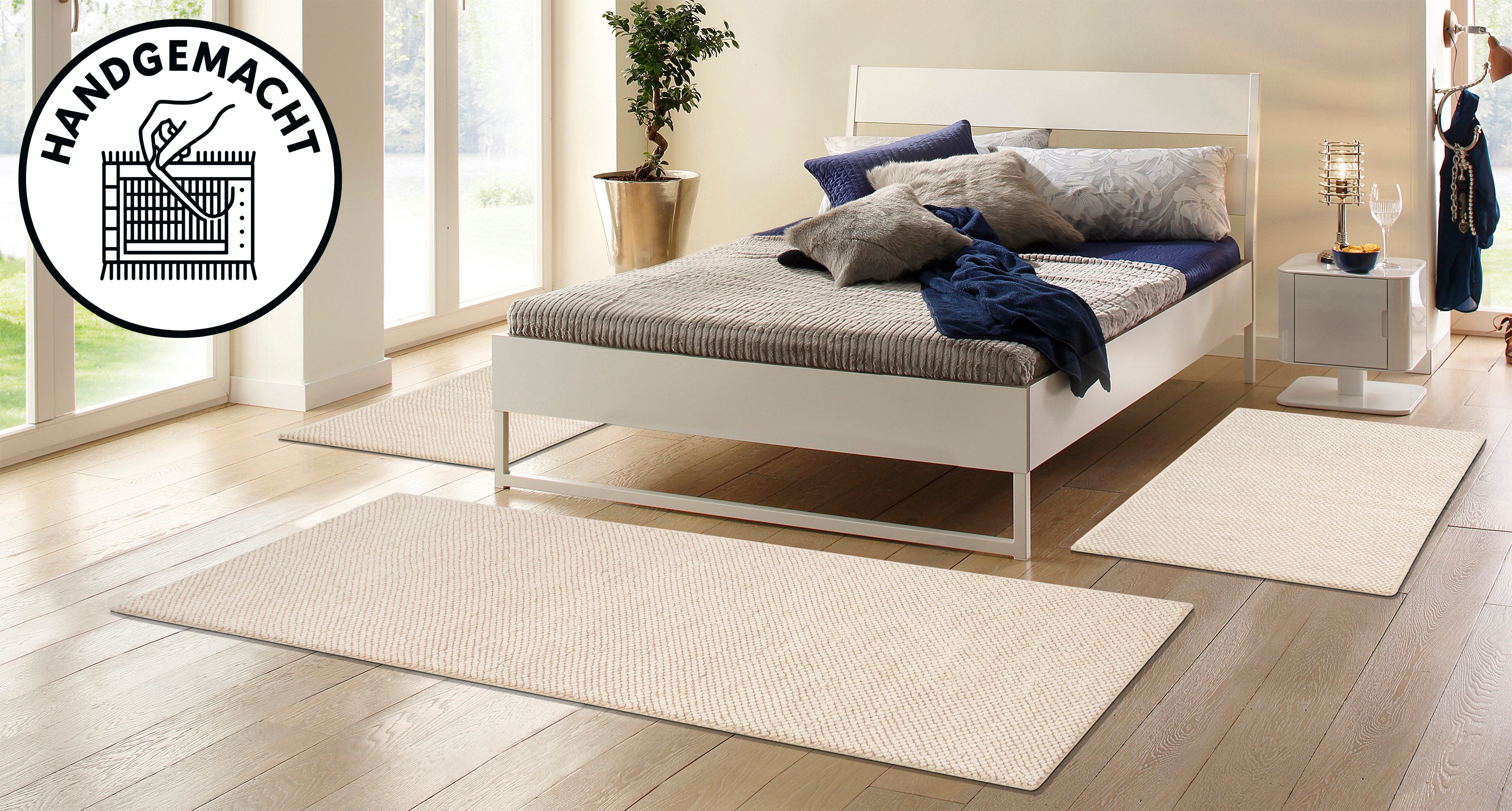 OTTO home Bettumrandung Wolly, Handweb Teppiche, Höhe 14 mm, (3-tlg), Bettvorleger, Wolle, handgewebt, Läufer-Set Wohnzimmer, Schlafzimmer