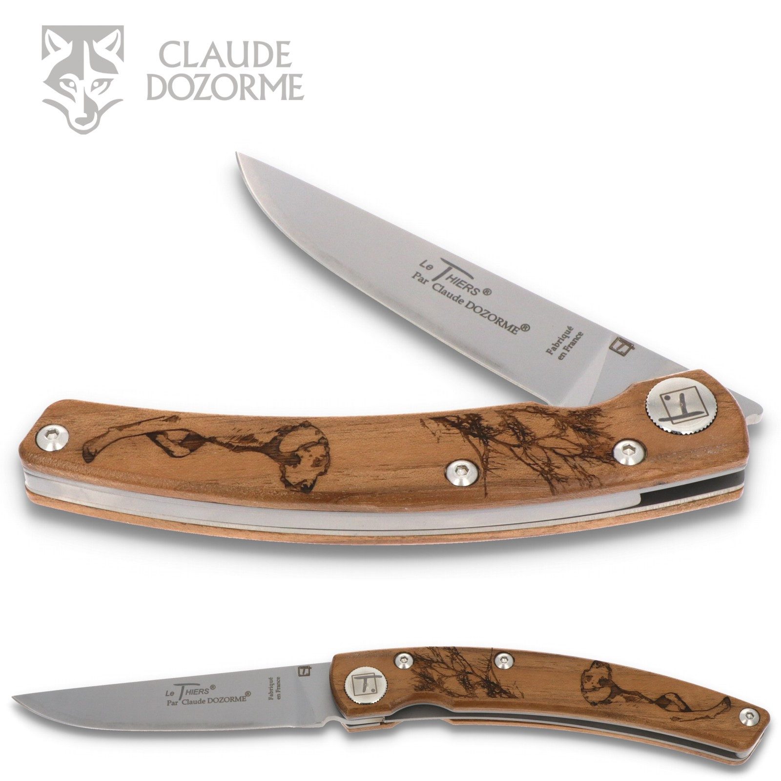 Claude Dozorme Taschenmesser 1.90.171.06CH, Le Thiers "Hund" - Griff 12.5 cm Nussbaum - LinerLock - Stahl matt