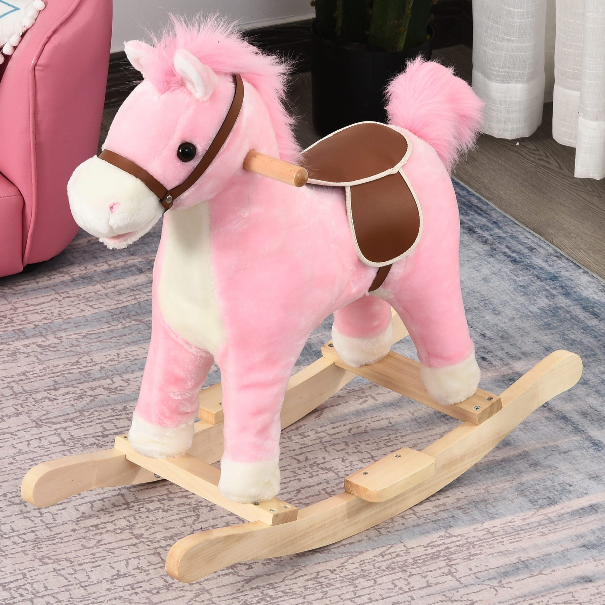 HOMCOM Schaukeltier mit Tiergeräusche Spielzeug Haltegriffe für 36-72 Monate Plüsch Rosa, (1 tlg), Rosa 65 x 32.5 x 61 cm