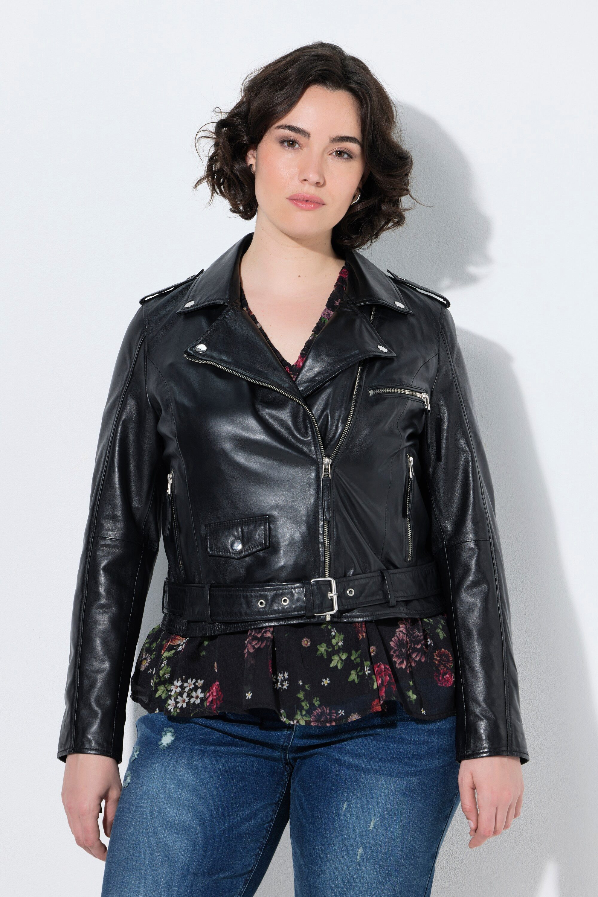 Ulla Popken Lederjacke Biker-Lederjacke Reverskragen Gürtel Langarm