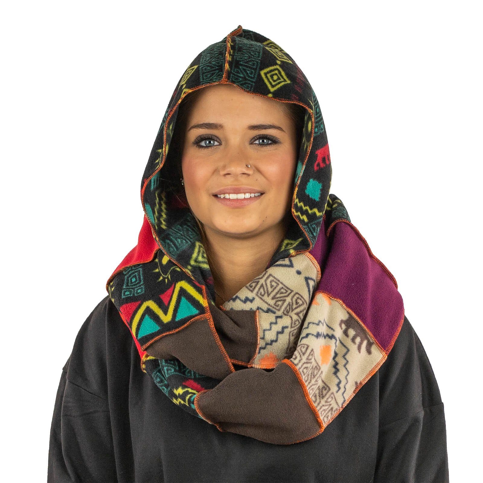 KUNST UND MAGIE Schlupfmütze Schalmütze Schal Poncho Kapuzenschal Fleece Damen Loop Kapuze Loop Mehrfarbig