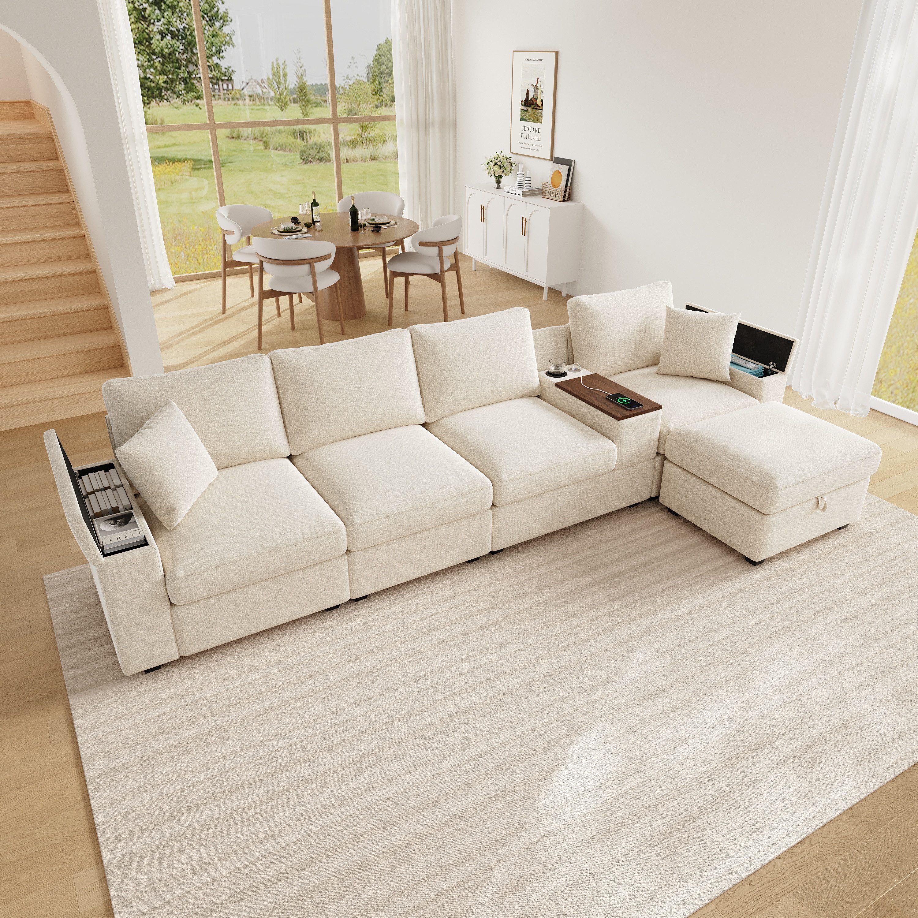 Merax Ecksofa Modulares L-Sofa, 5-Sitzer Sofa mit Ottomane & Stauraum, Chenille, 313 x 147 x 82 cm 1 Teile, Couch mit 360° drehbarer Couchtisch, Getränkehalter & USB & Type-C